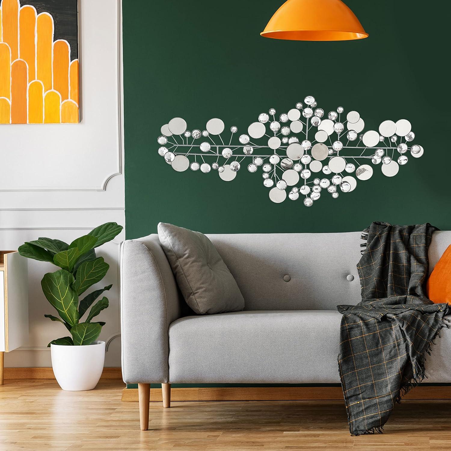 Modernist Floating Circles, Abstract Metal Wall Art, Artisan Crafted, Roundels of Silver, Mirrors, Faux Multi Carat Diamonds, Iron, Over 3 Ft Long, Hangers on Back