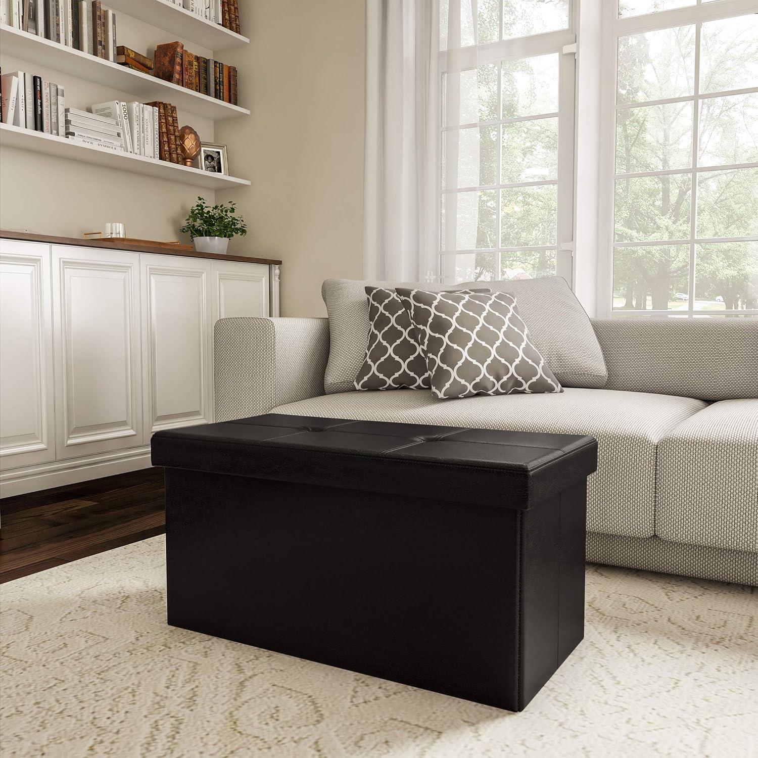 Black Faux Leather 30-Inch Foldable Storage Ottoman Bench