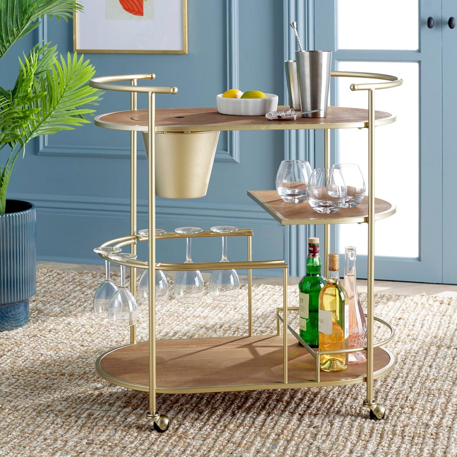 Alora 2 Tier Bar Cart With Bucket - BCT2502A - Brushed Gold/Natural - Safavieh