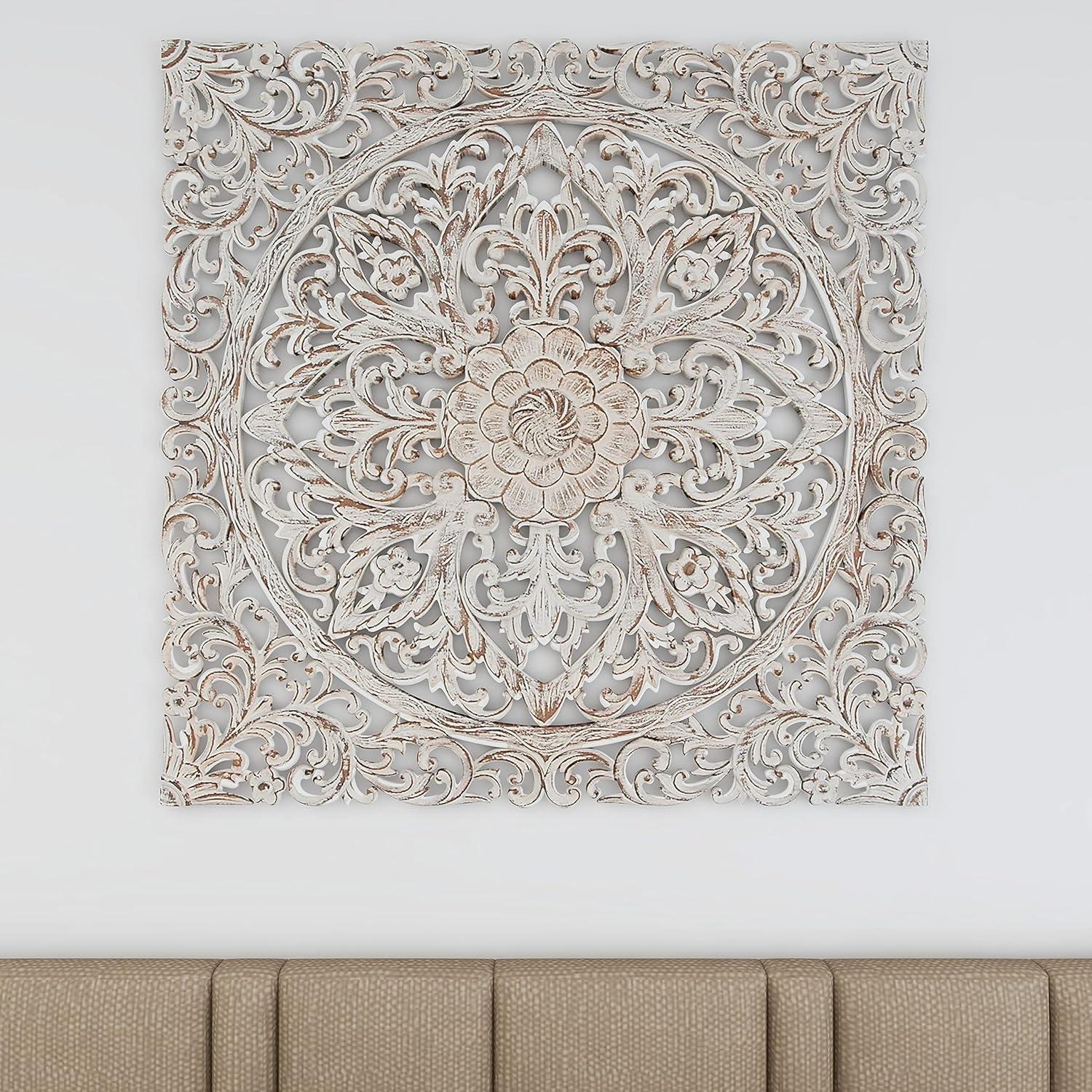 Brown and White Carved Floral Mandala Wood Wall Decor