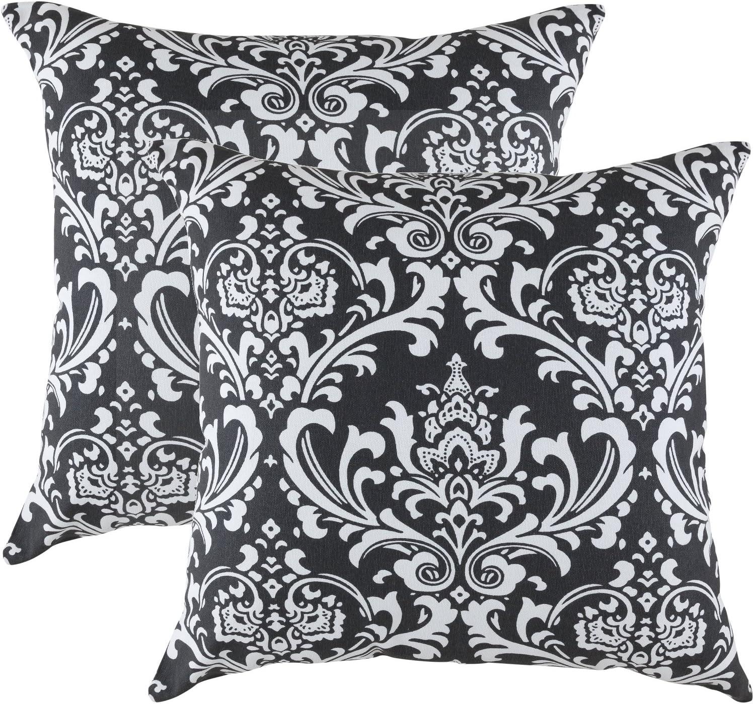 Black and White Cotton Damask Throw Pillow Covers, 20 x 20 Inches, Set of 2