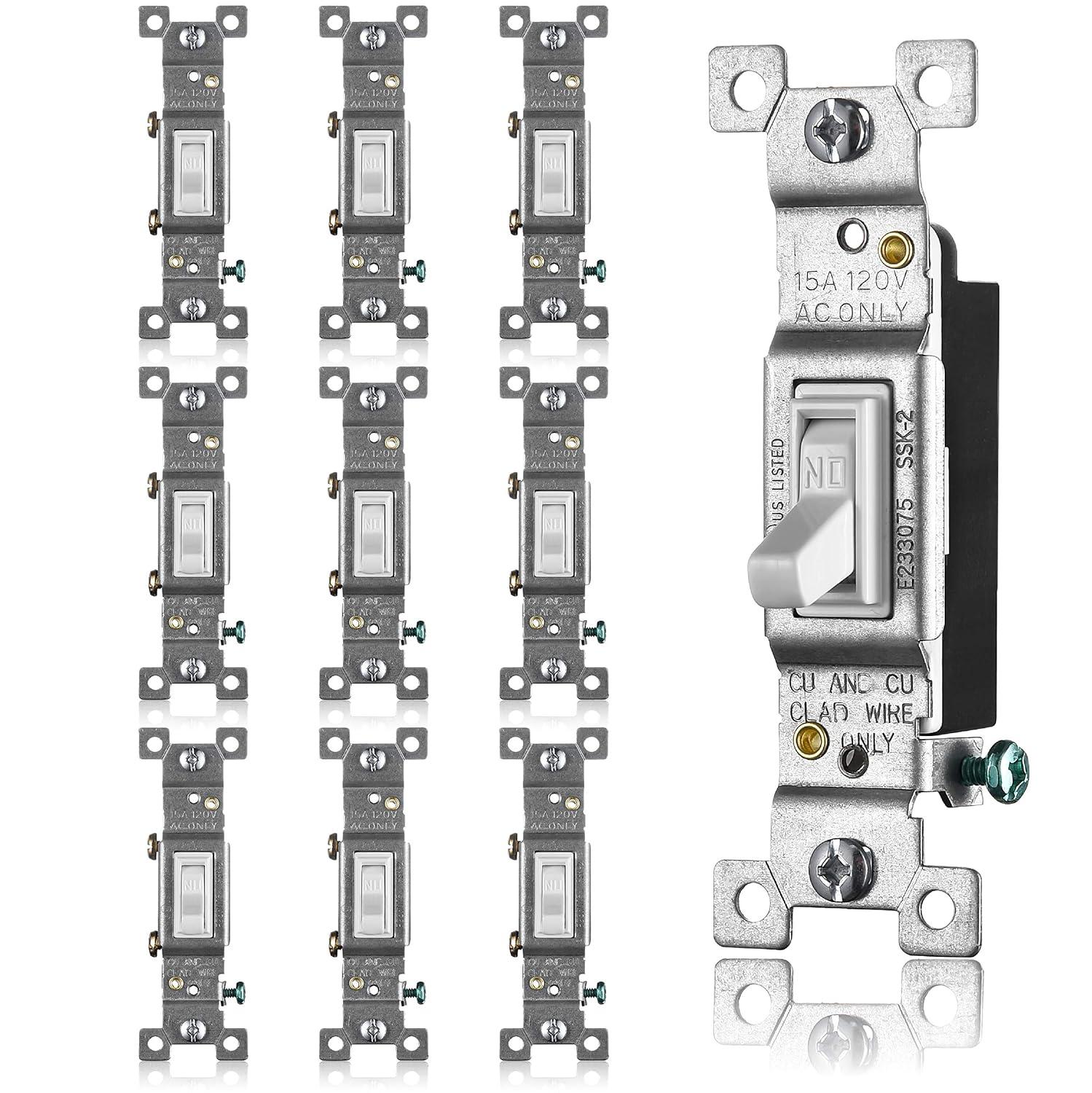 Faith White Toggle Light Switch, Single Pole Standard Wall Switch, 15 Amp Switch Toggle, Grounding Screw, 120V, 10 Pack