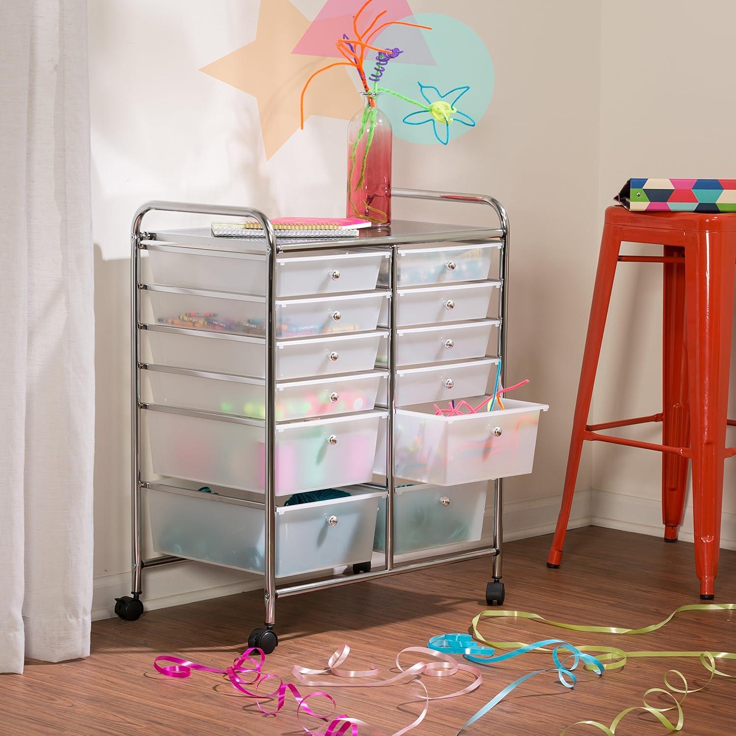 Chrome and White 12-Drawer Rolling Storage Cart