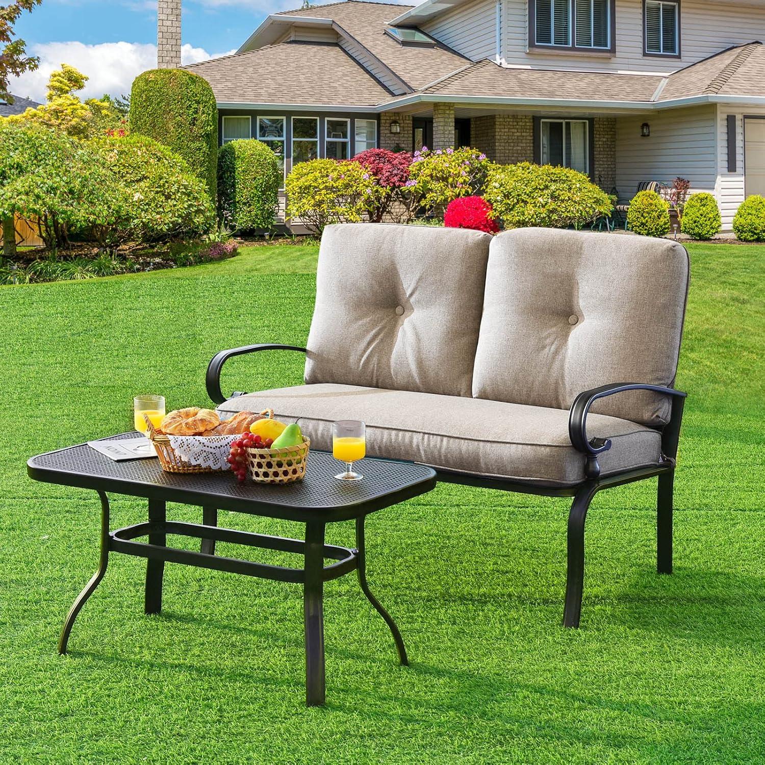 Beige Cushioned Steel Patio Loveseat with Coffee Table