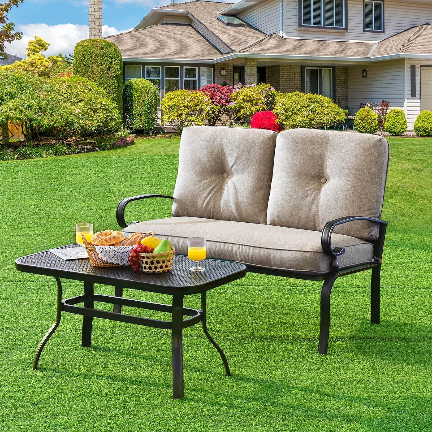 Tangkula Patio Loveseat with Table Set, 2 Seat Cushioned Sofa with Coffee Table, Patio Conversation Sofa Set with Rustproof Frame, 2 Pieces Outdoor Furniture Set for Garden, Poolside, Balcony (Beige)