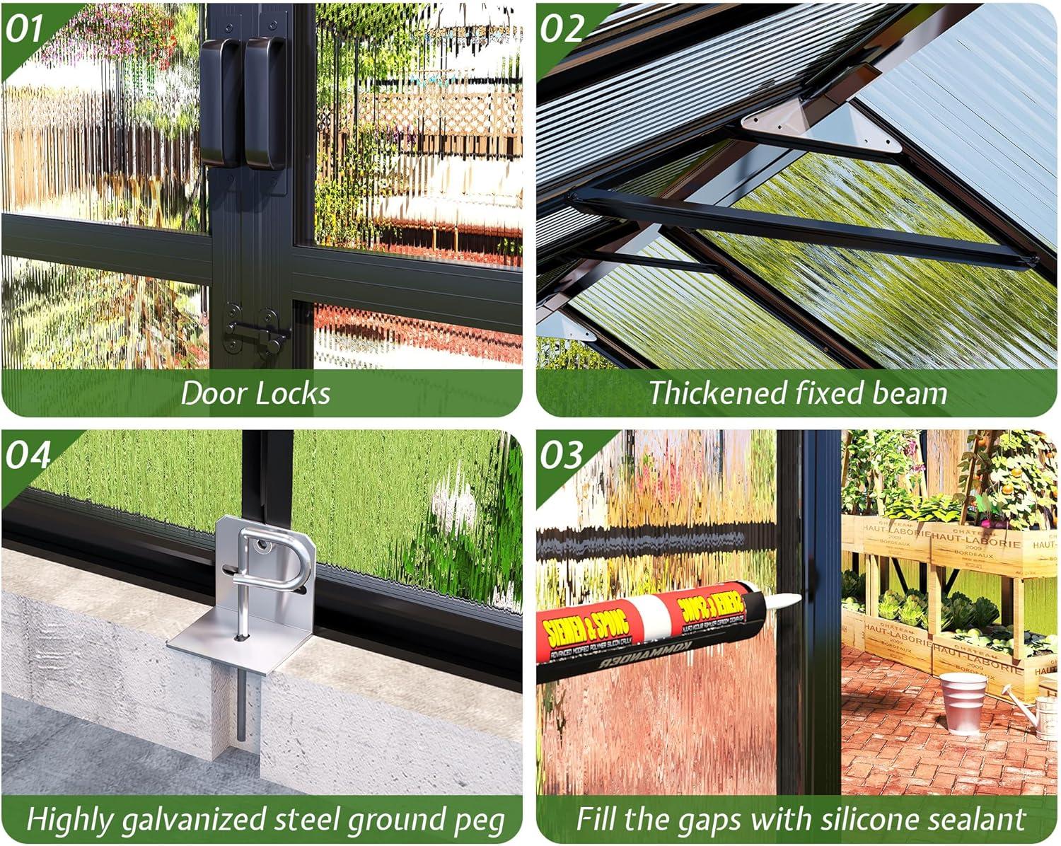 Jocisland 7.5x16x7.5 FT Polycarbonate Greenhouse with Quick Connector Fast Assembly, Outdoor Aluminum Greenhouses with Rain Gutter and Ventilation, Walk in Greenhouse for Backyard Garden, Black