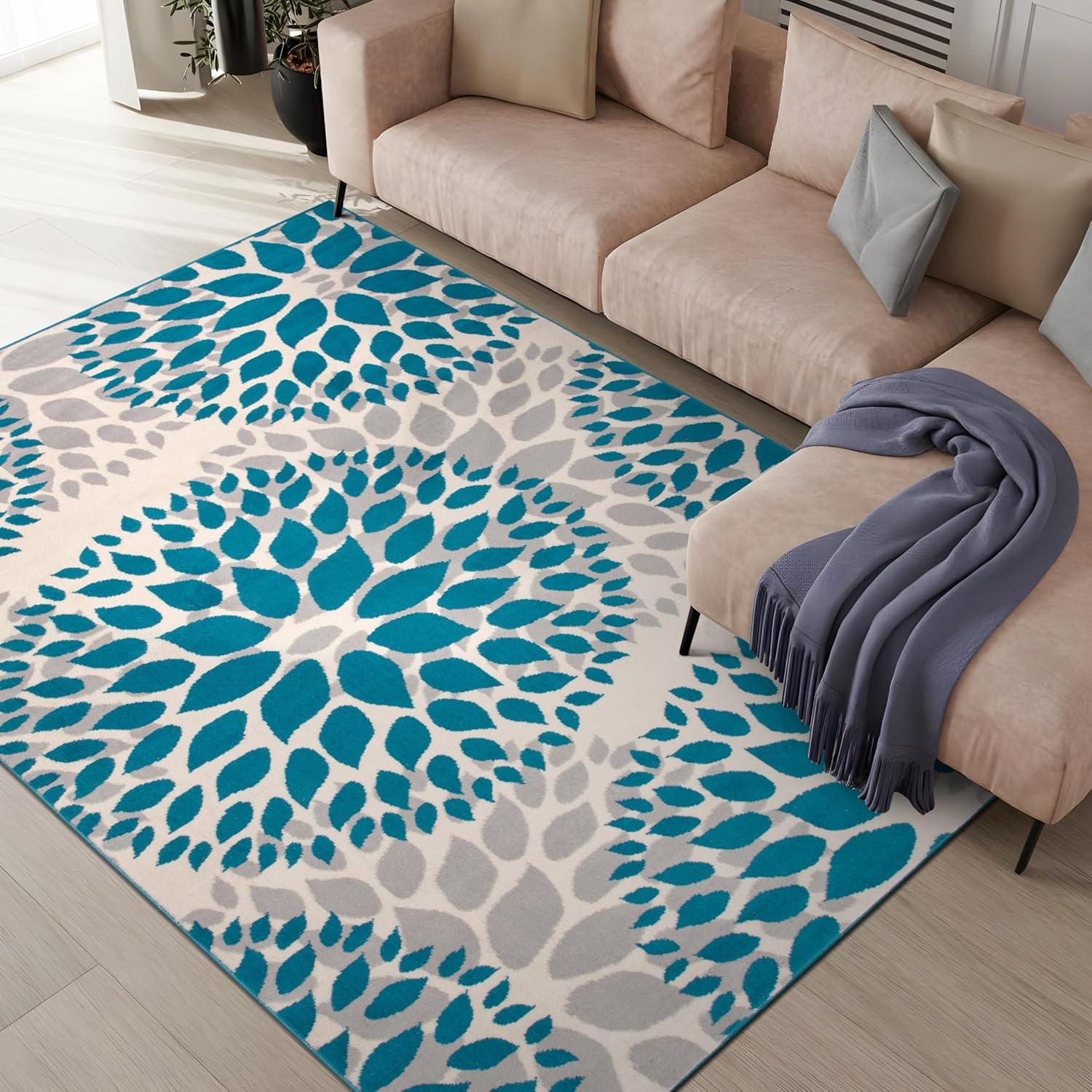 World Rug Gallery Modern Floral Circles Blue 5' x 7' Area Rug