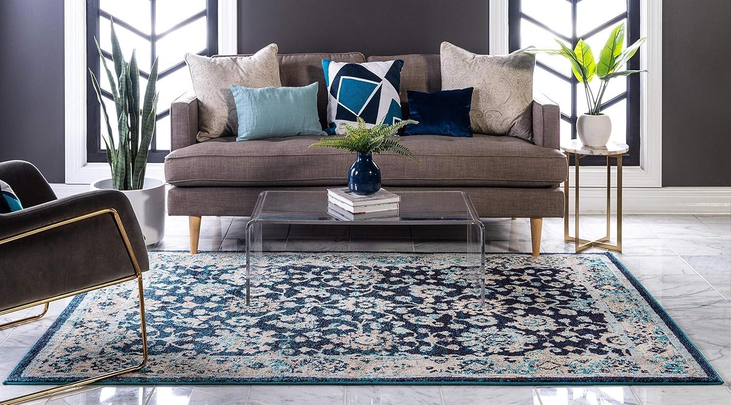 Unique Loom Penrose Collection Area Rug - Krystle (5' 3" x 8' Rectangle Navy Blue/Beige)