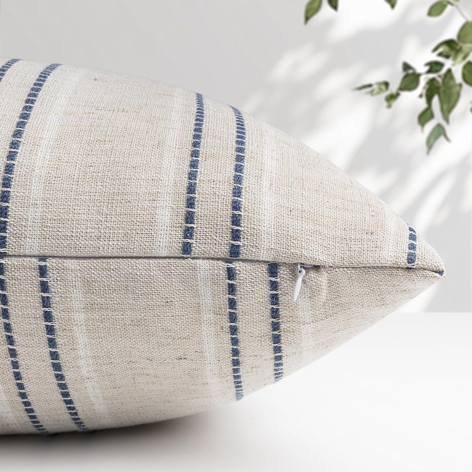 Beige and Navy Blue Farmhouse Stripe 18" Pillow Covers Set