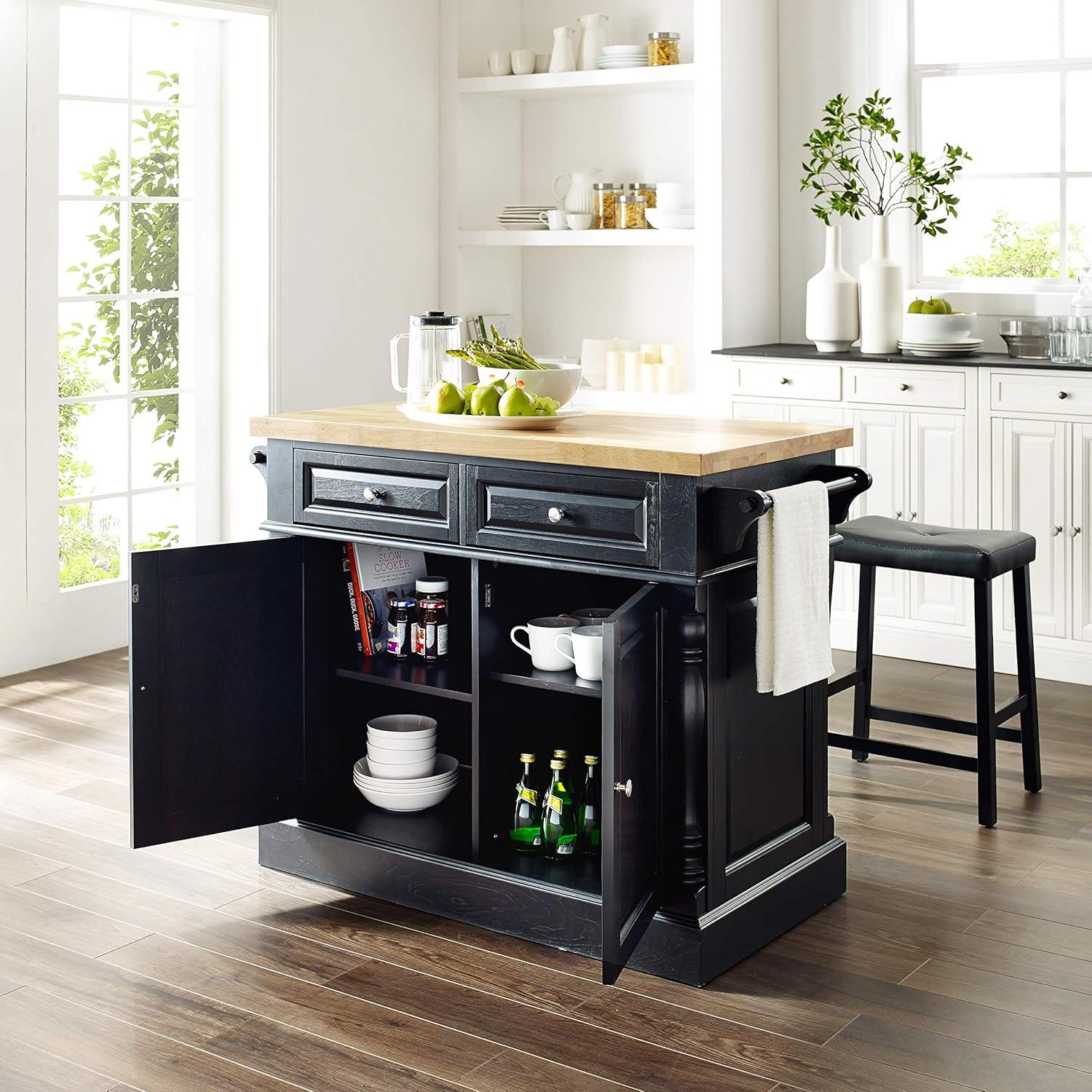 Oxford Kitchen Island with 2 Upholstered Saddle Stools Black - Crosley: Pass-Through Storage, Towel Bars, Wood Veneer