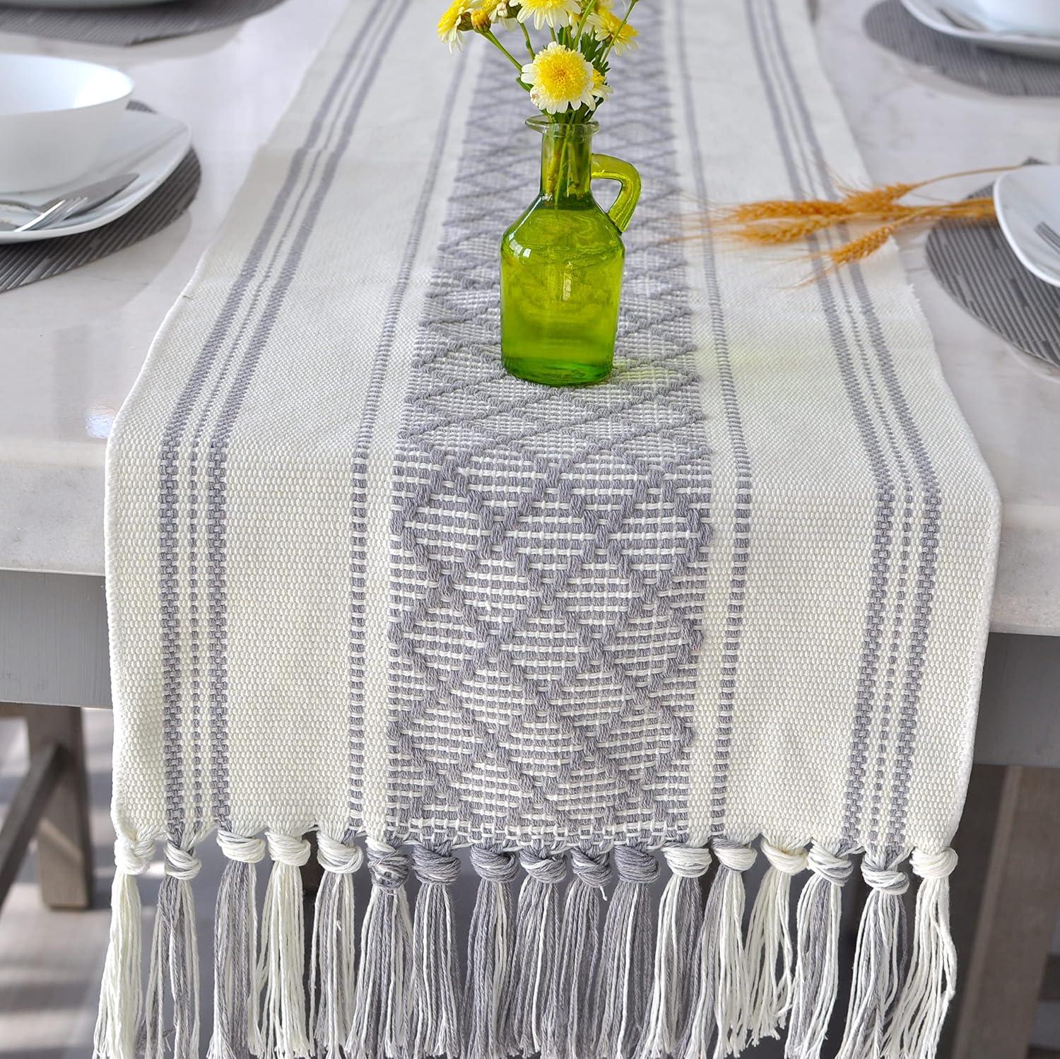 Gray and Cream Linen Table Runner with Tassels