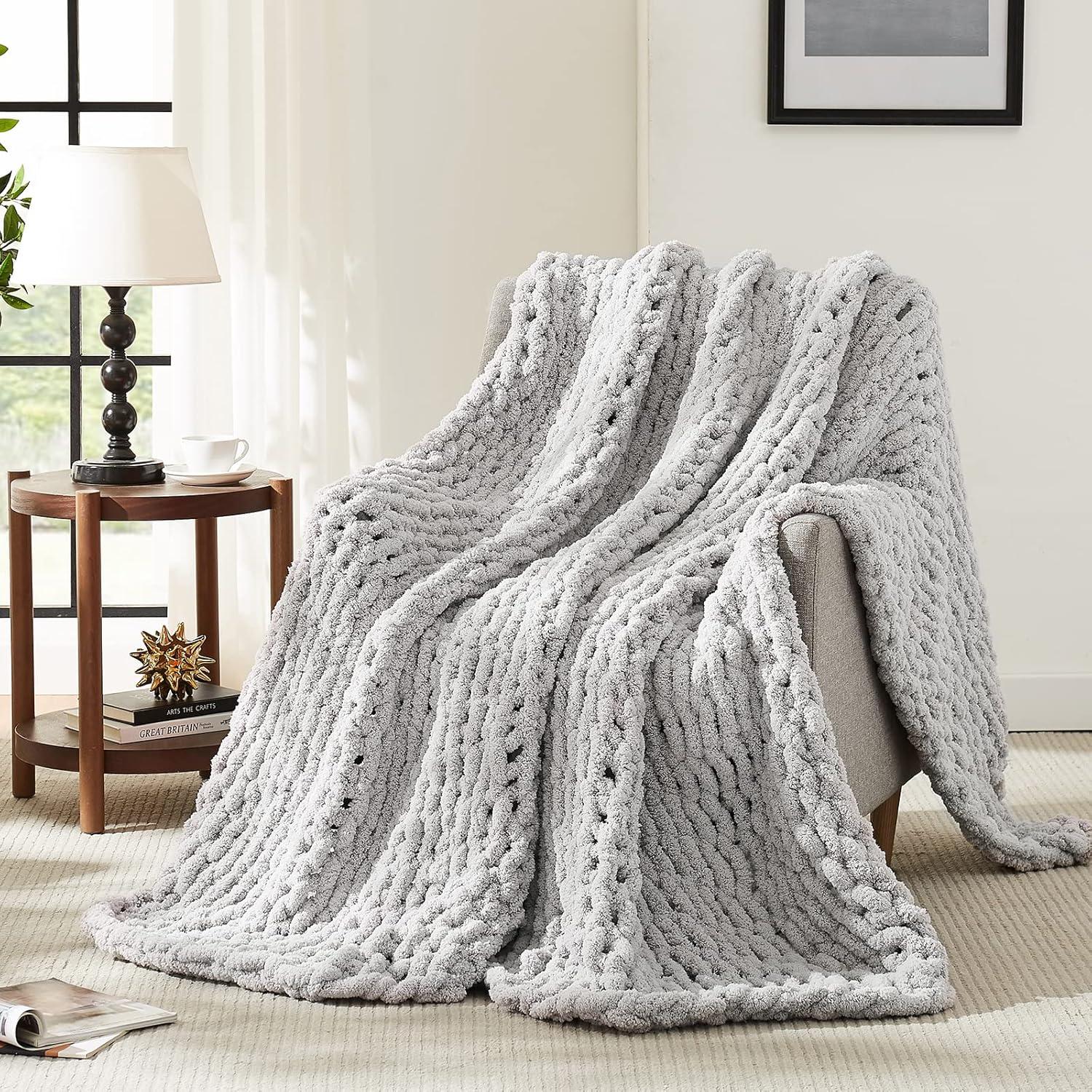 Gray Chunky Knit Chenille Throw Blanket 50'' x 60''