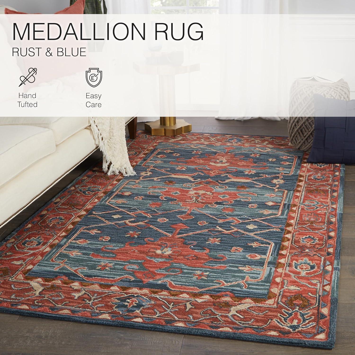 Hand-Tufted Blue and Red Wool Medallion 9' x 12' Rug