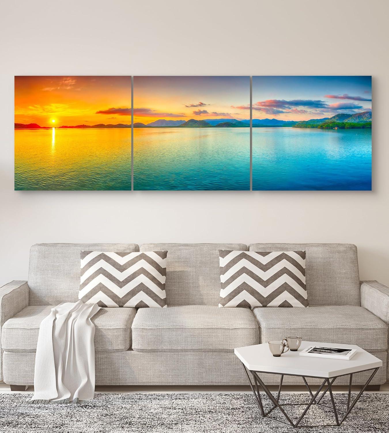 Split Canvas Wall Art Decor - Large Panoramic Sunset Ocean Wall Art, 3 Panels Hanging Canvas Art Set - Decorative Wall Art Prints for Living Room, Bedroom, Office, Home Decor, Gift, 24x72 Inch