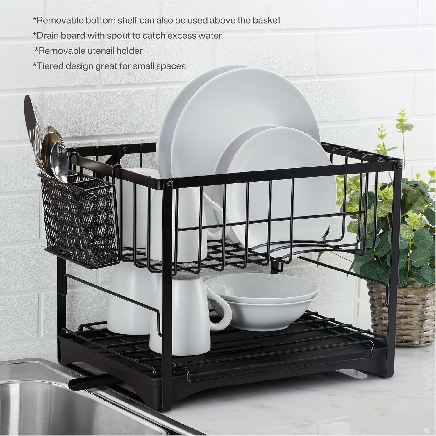 Black Metal 2-Tier Dish Rack with Utensil Cup