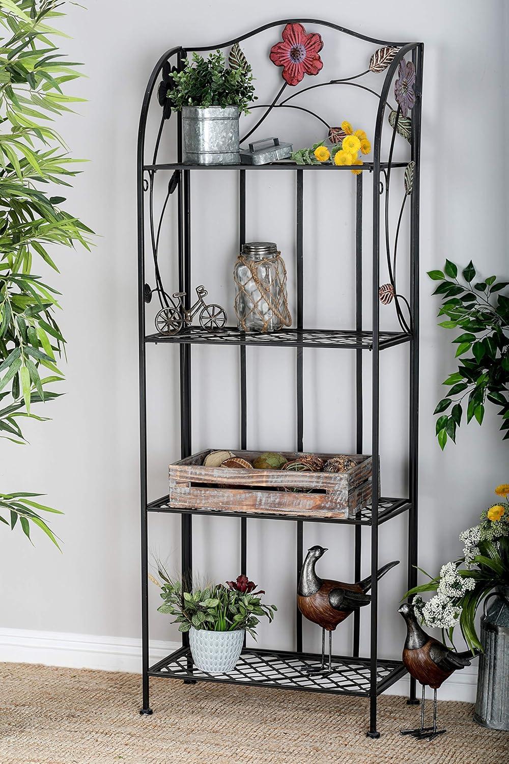 Black Metal Floral Four-Tier Foldable Baker's Rack