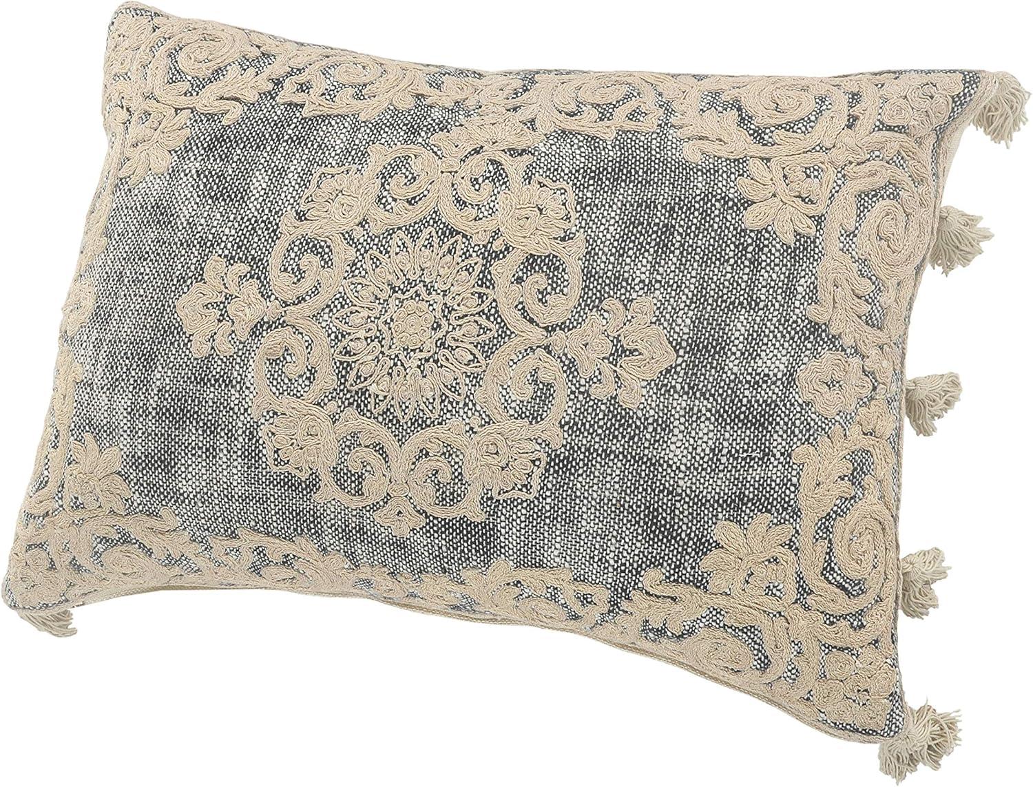 Gray and Beige Embroidered Rectangular Lumbar Pillow