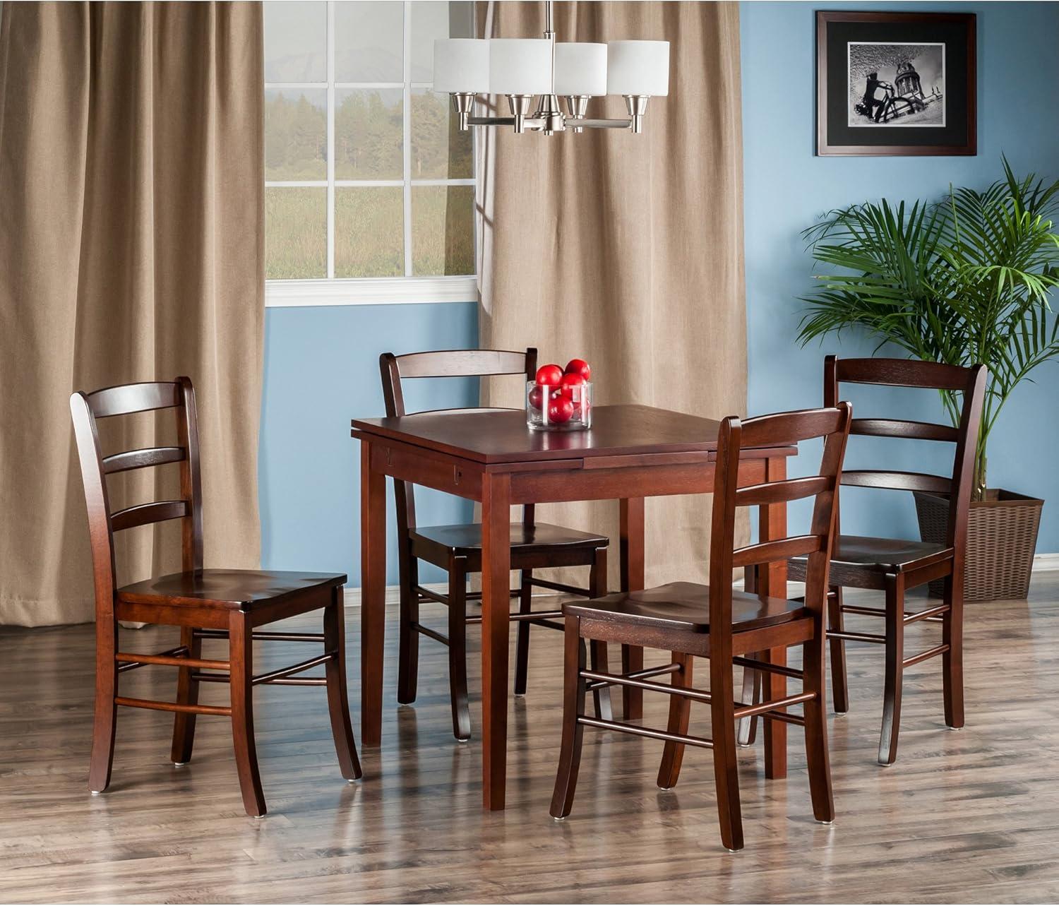 5pc Pulman Dining Set with Ladder Back Chairs Wood/Walnut - Winsome: Mid-Century Modern, Square Table, 4 Stools