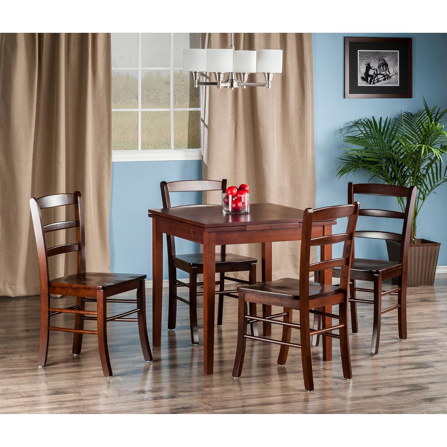 5pc Pulman Dining Set with Ladder Back Chairs Wood/Walnut - Winsome: Mid-Century Modern, Square Table, 4 Stools