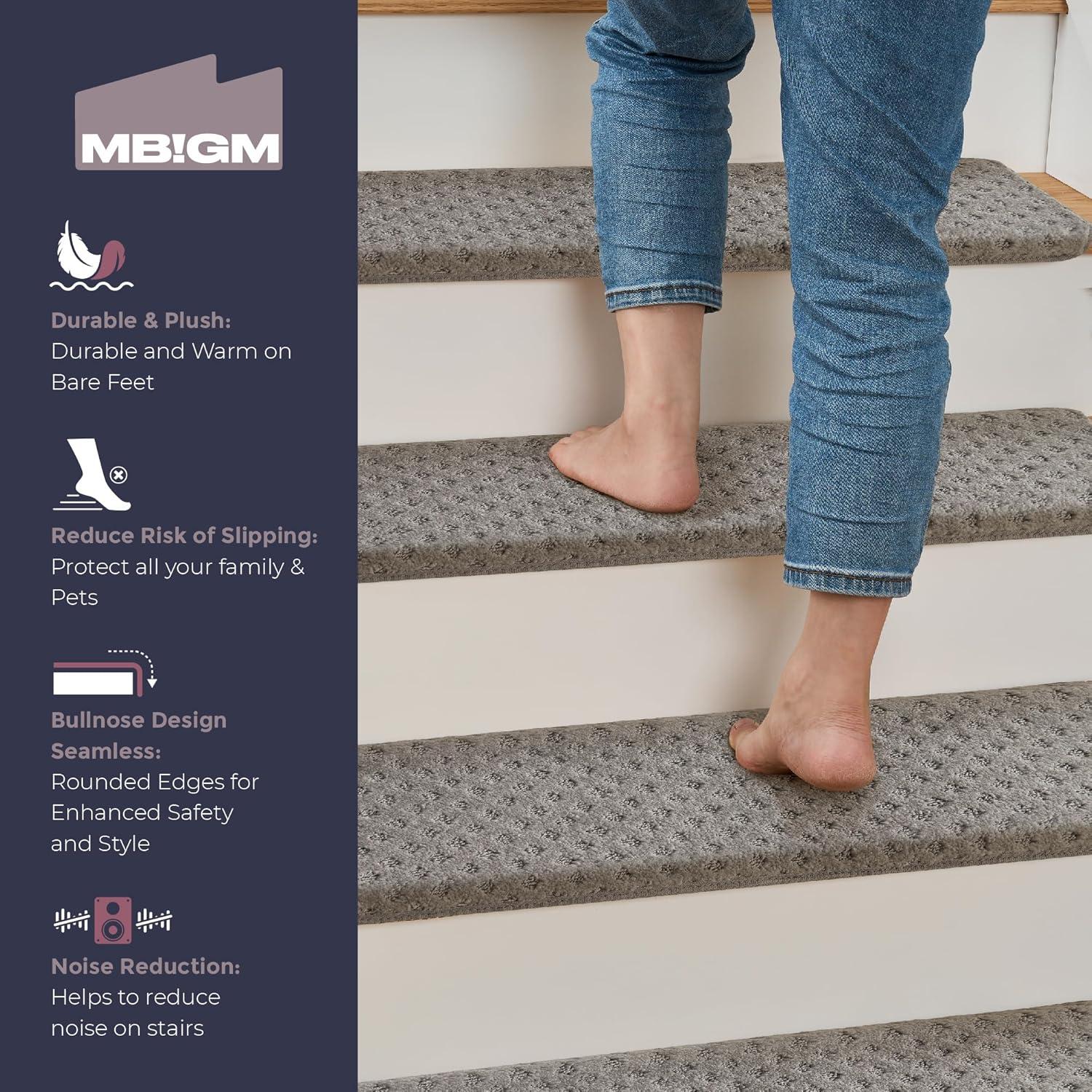 MBIGM Bullnose Carpet Stair Treads for Wooden Steps, Non-Slip Indoor Stair Runner w/ TPU Backing & Steel Reinforcement, Dark Gray Lattice, 14 Pack