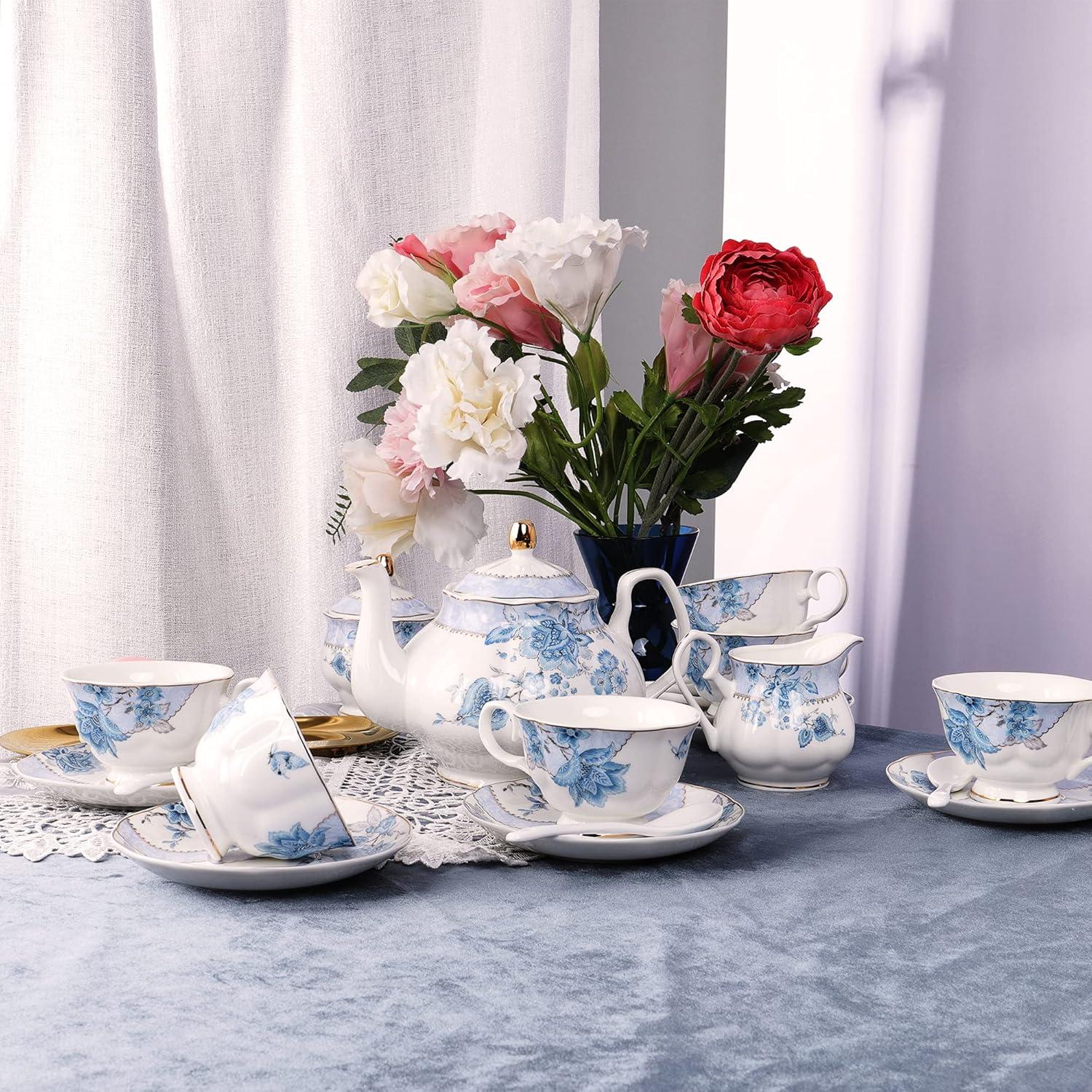 DOFLIC Porcelain Tea Set, Tea Cup and Saucer Set Service for 6, Wedding Tea Set