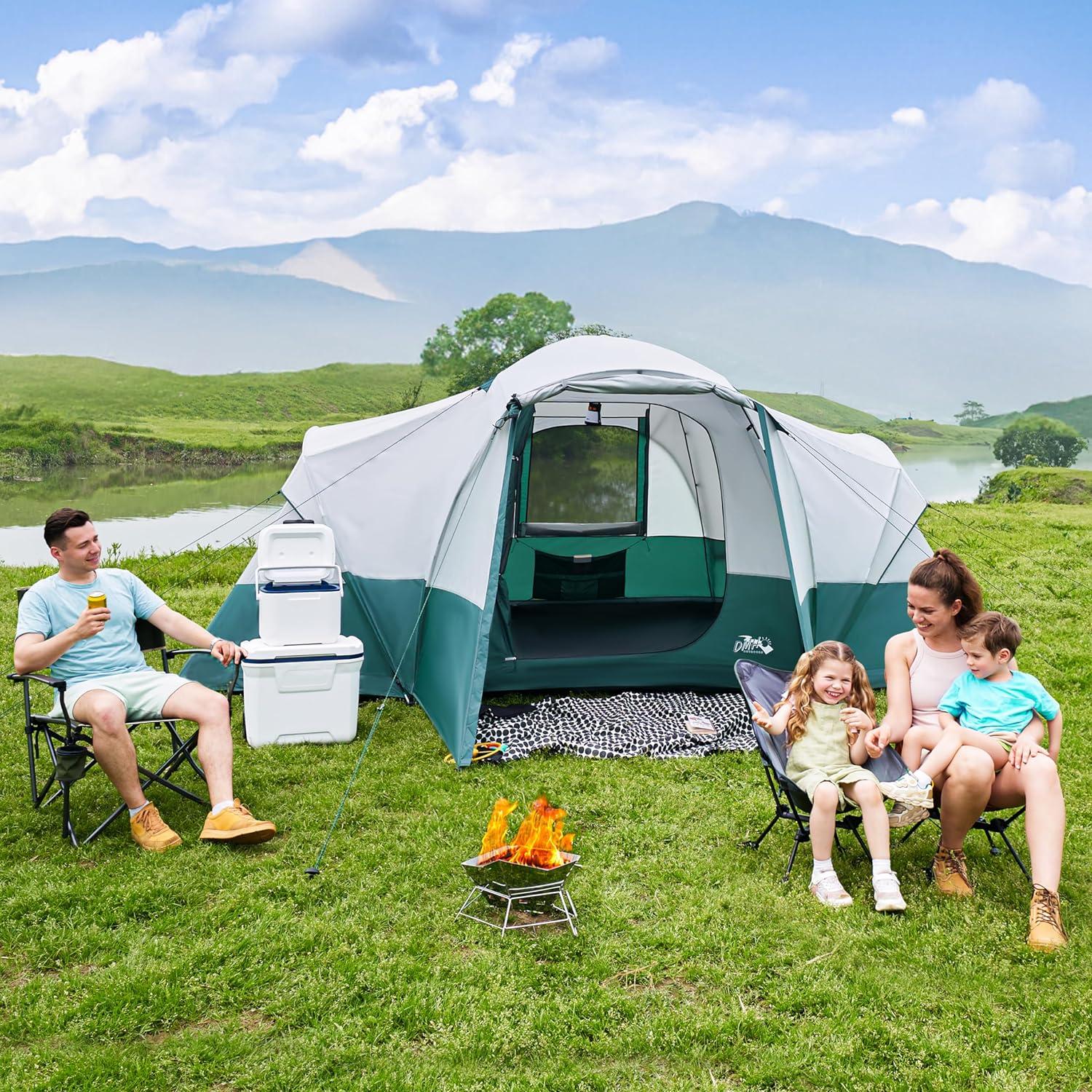 8-Person Green and White Polyester Dome Camping Tent with Vestibule