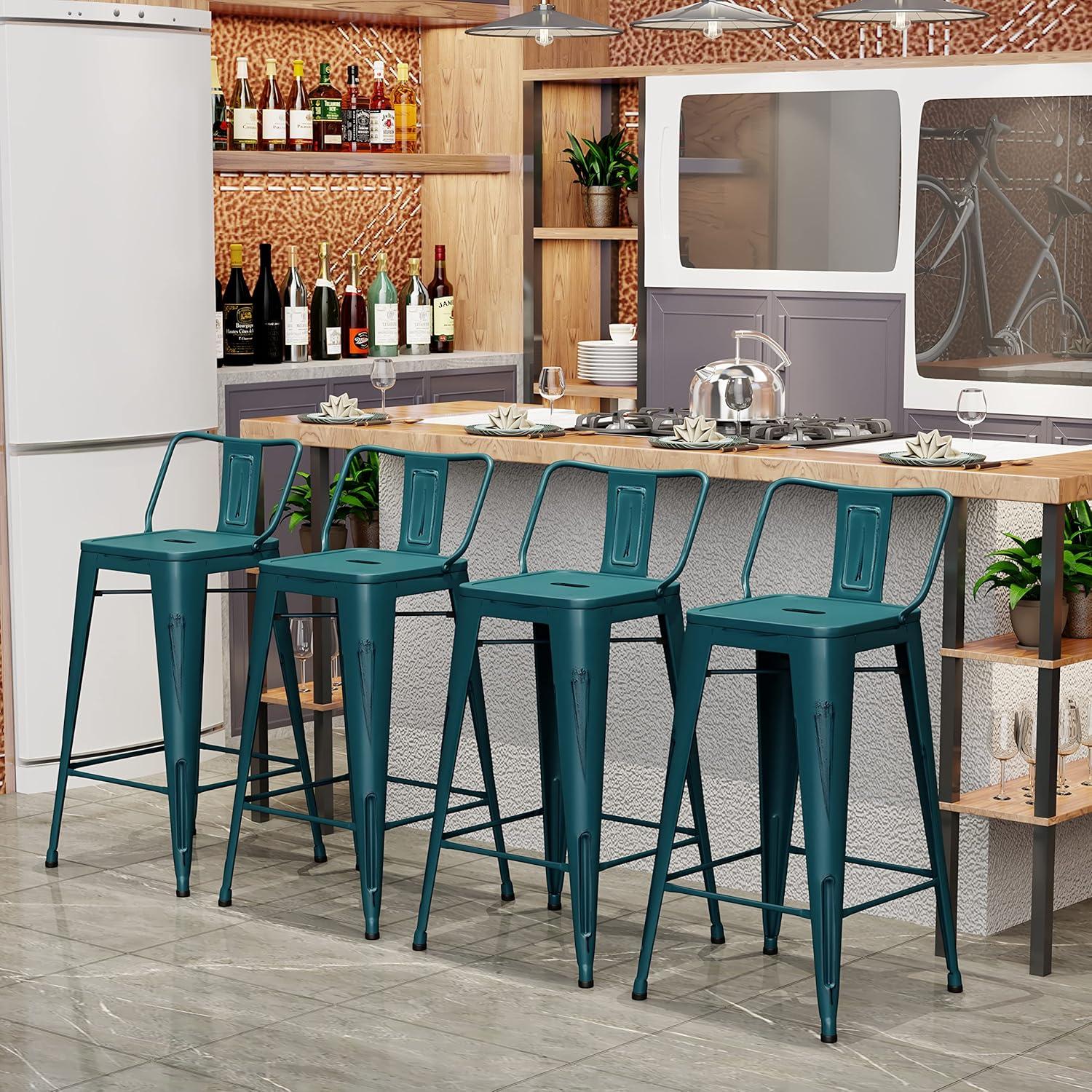 Tyslan Bar Stools Set of 4 Counter Height Stools Industrial Metal Barstools with Wooden Seats(24 Inch, Distressed Teal)