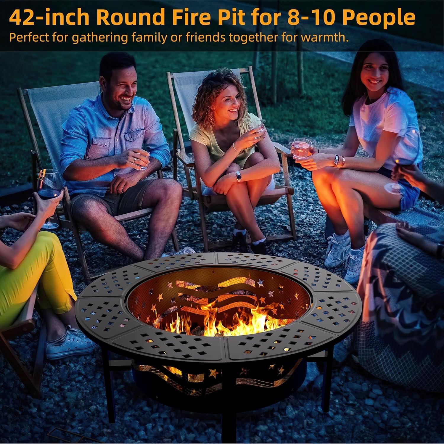 42" Outdoor Fire Pit with 2 Grills - Wood Burning Firepit for Outside with Cover & Poker