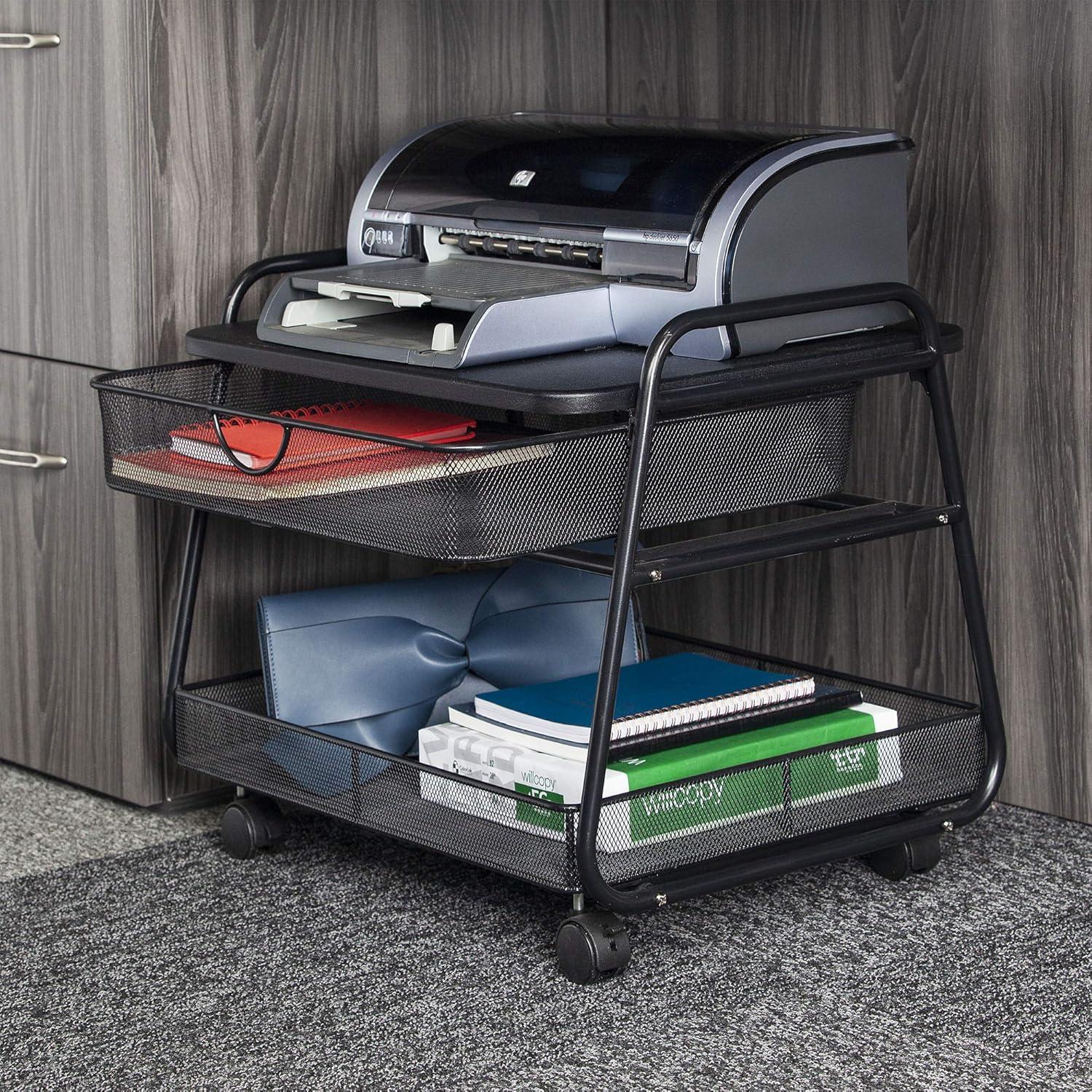 Sleek Black Steel Under-Desk Rolling Stand with Storage Basket & Drawer