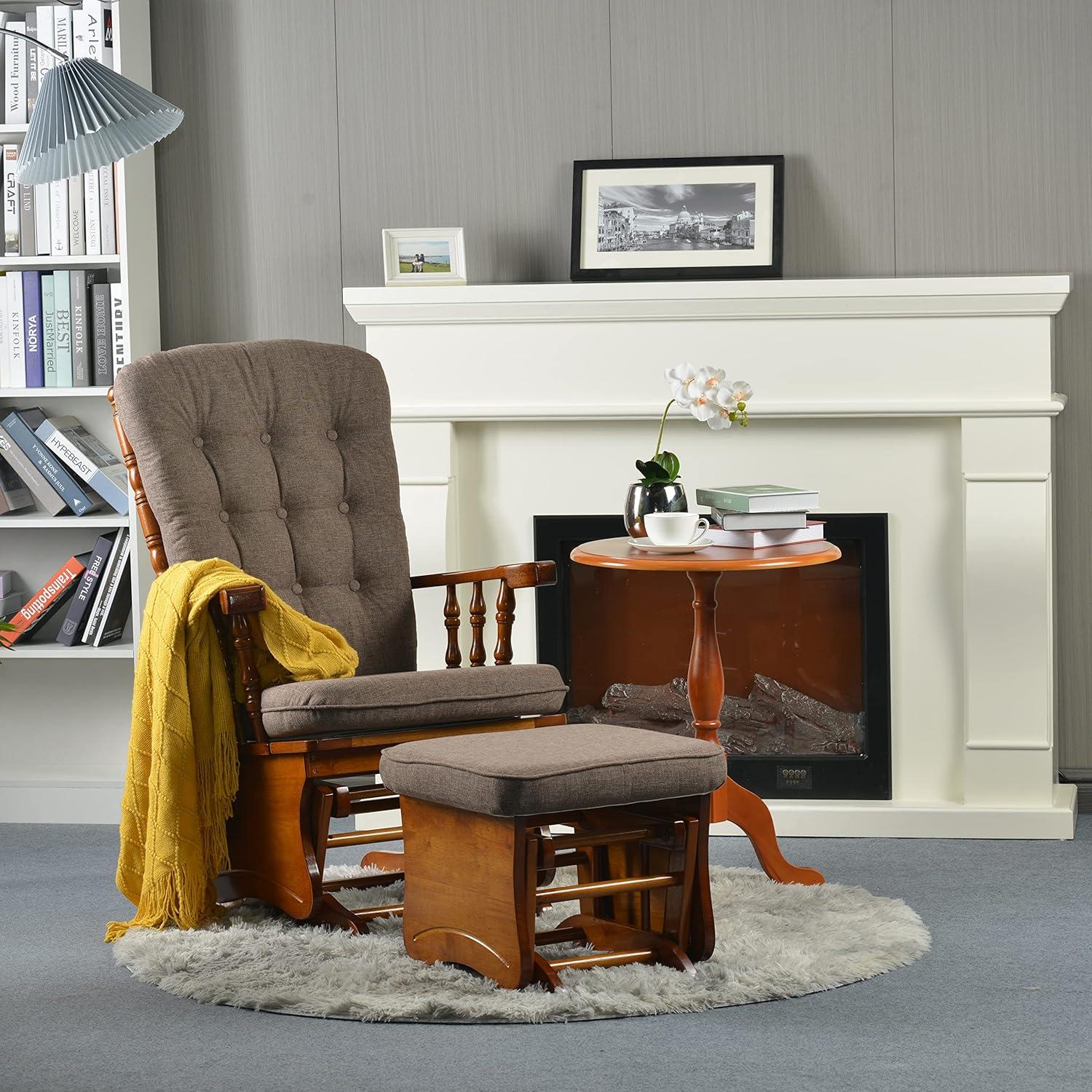 Anti-Pinch Hand Glider Chair for Nursery with Ottoman, Resistant Rubber Wood Glider Rocking Chair Sets for Nursing, Relaxing, Living Room, Bedroom, Antique Brown