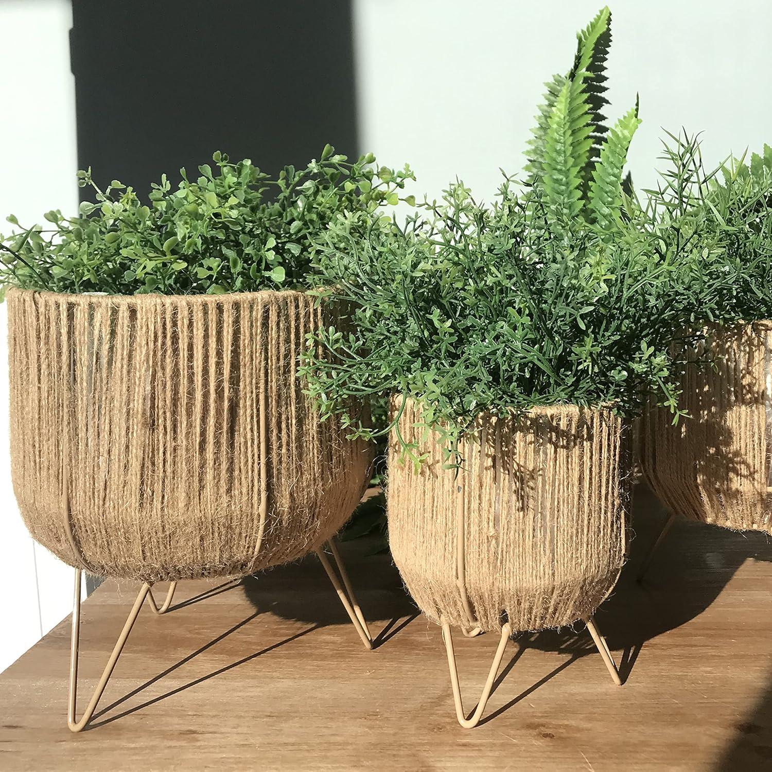 Boho Chic 3 Piece Rope Wrapped Planter Set, Natural Woven Jute, Beige Iron Framework, Plastic Lined, 6, 7 and 8 Inches, Hand Made