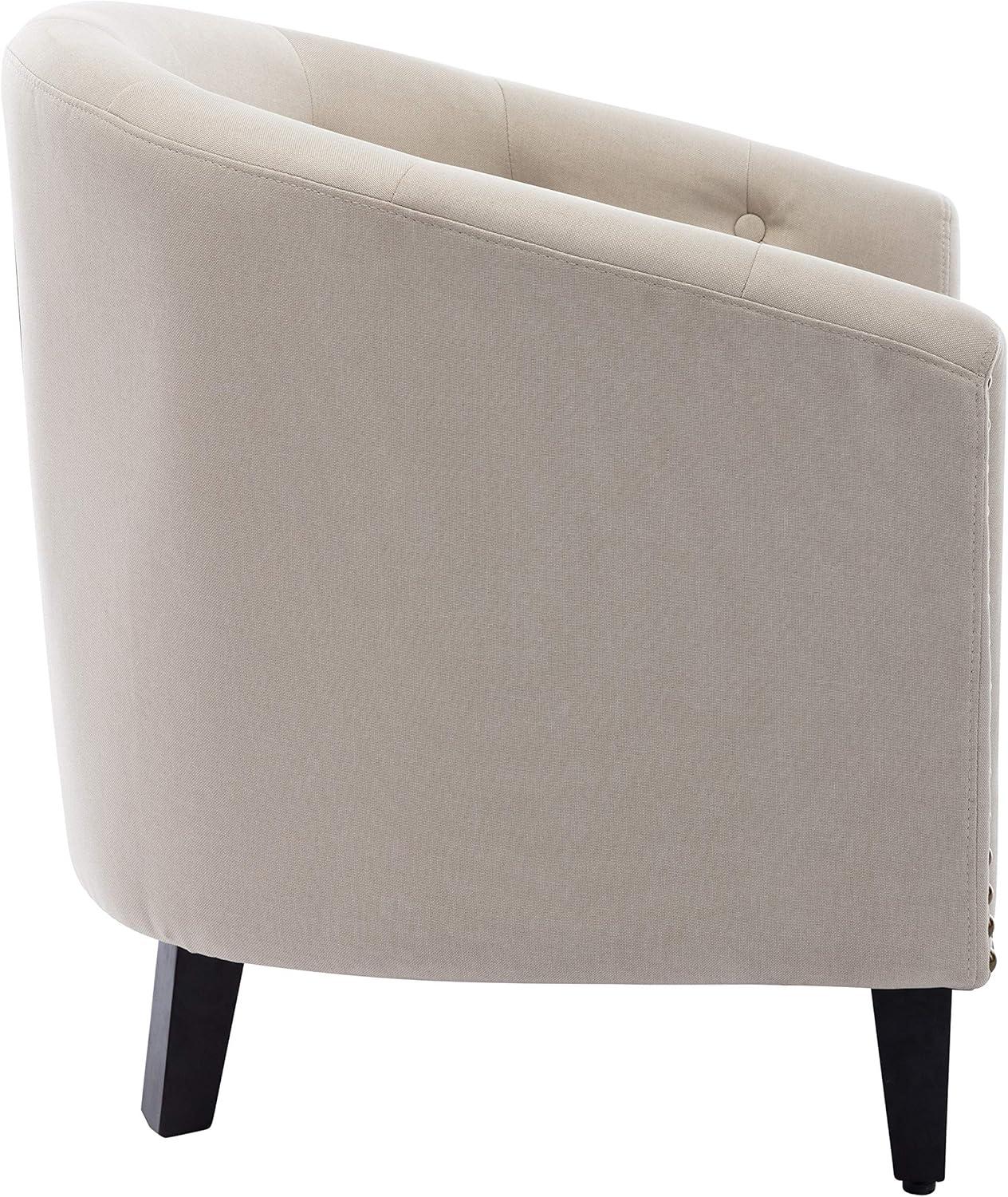 White Linen Tufted Barrel Chair with Wooden Legs