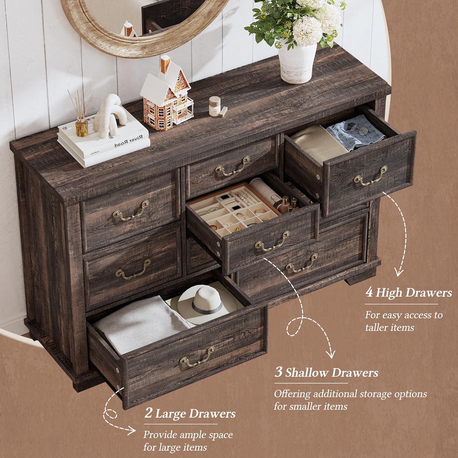 Dark Rustic Oak 9-Drawer Antique Wood Dresser with Metal Handles