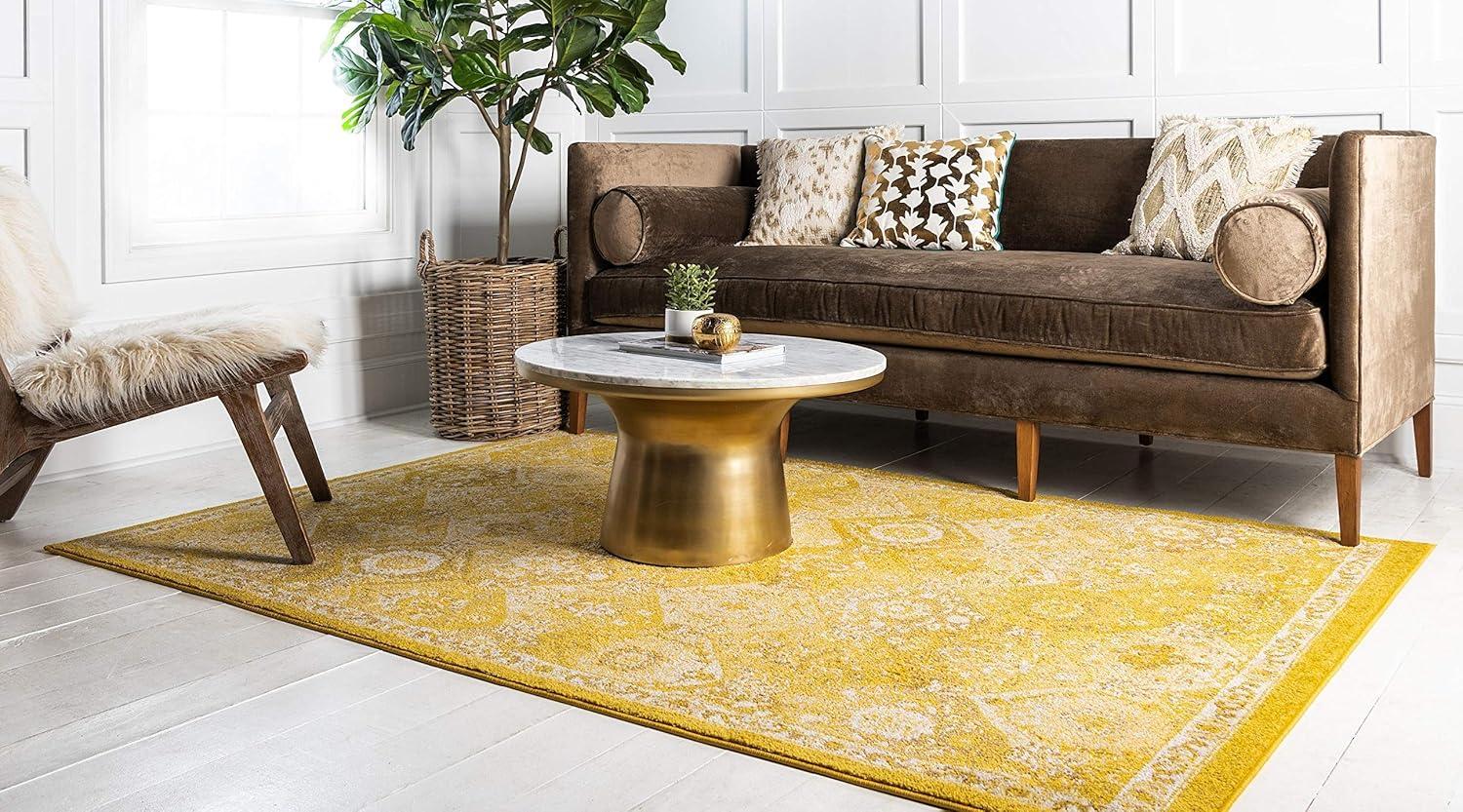 Yellow and Beige Rectangular 10' x 14' Synthetic Area Rug