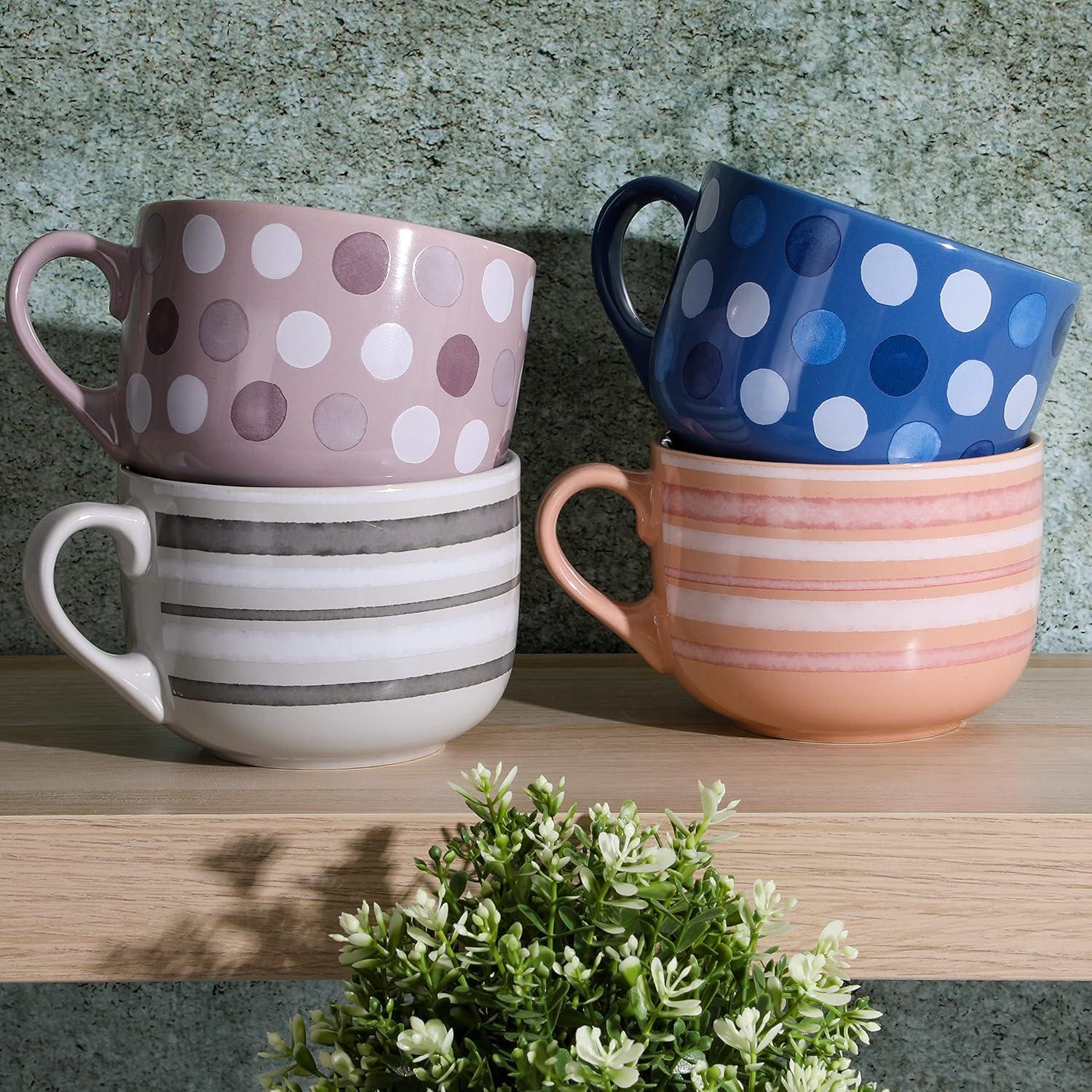 Mr. Coffee Mr. Coffee Cappuccino Bliss 4 Pack 23 OZ Latte Assorted Decorated Design Stoneware Mugs