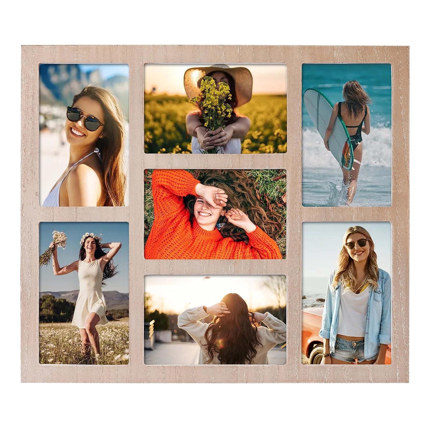 Picture Frame Collage 4x6 Photos Display - 7 Openings Wall Decor for Tabletop Stand and Wall Mounting - Family Gifts Home Decor (Brown)