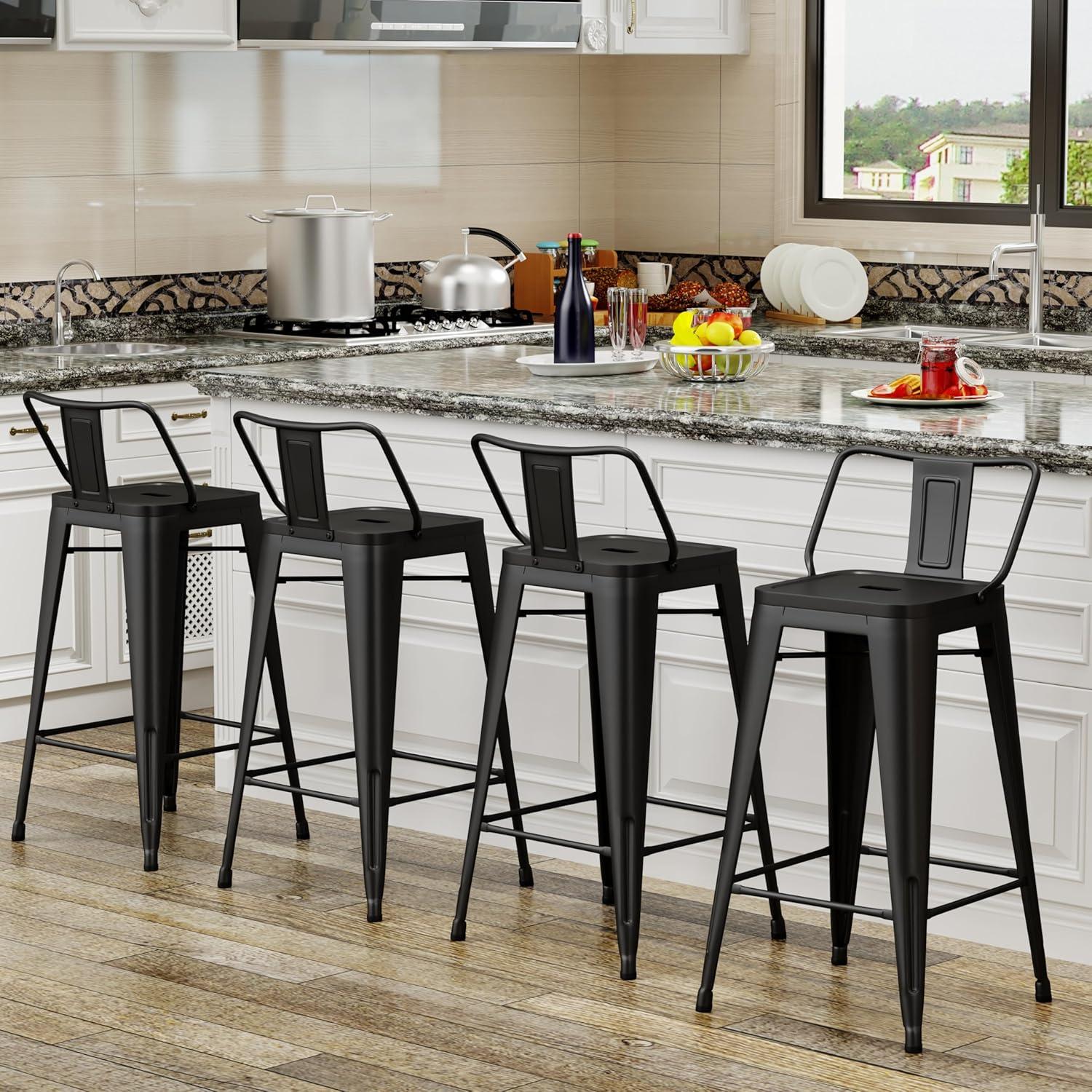 Andeworld 24" Bar Stools Set of 4,Counter Height Bar Stools with Larger Seat,Bar Stools with Back,Black Metal Bar Stools with Removable Back,Farmhouse Bar Stools,High Back Kitchen Bar Stools Chair