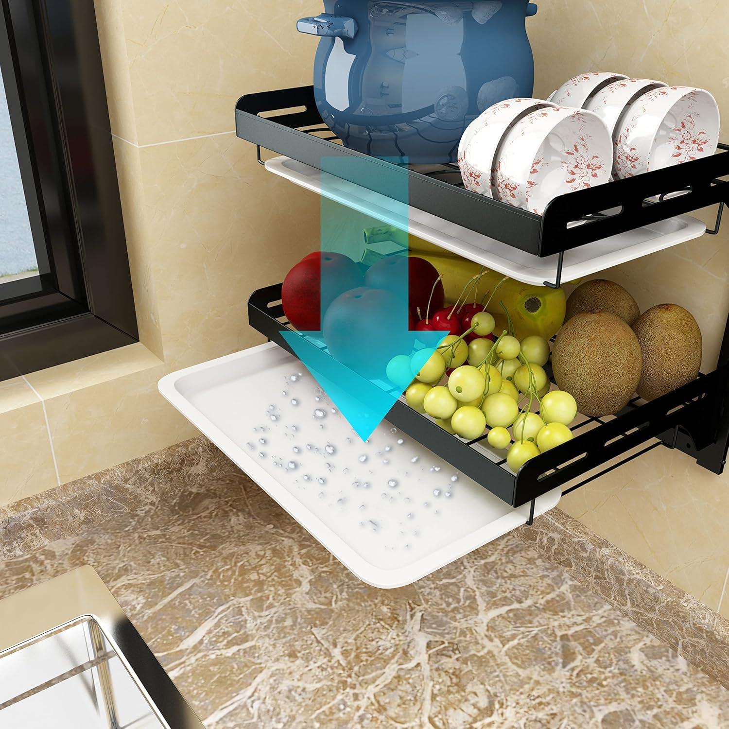 Wall Mounted Stainless Steel Dish Drying Rack Fruit Vegetable Storage Basket with Drainboard and Hanging Chopsticks Cage Knife Holder Kitchen Supplies Shelf Utensils Organizer (2-Tier)