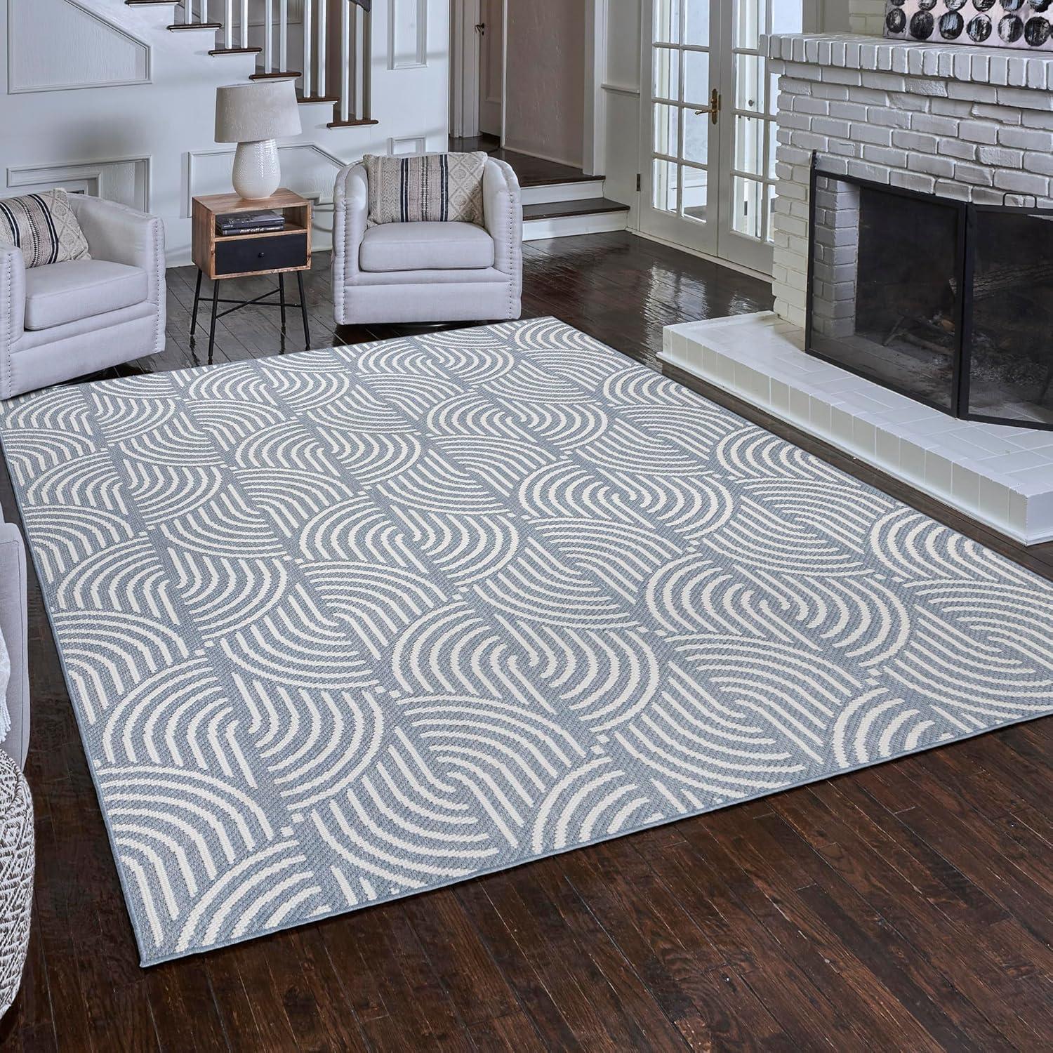 Blue and White Geometric 6' x 9' Flat Woven Polyester Area Rug