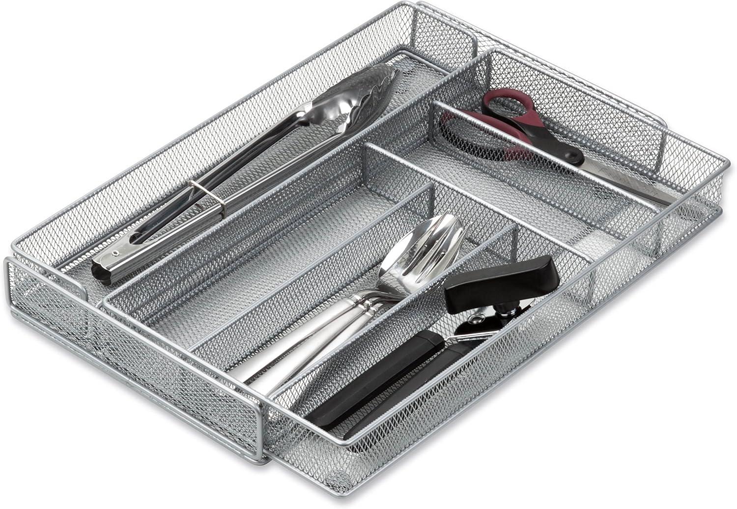 Silver Steel Mesh Expandable 7-Compartment Flatware Organizer