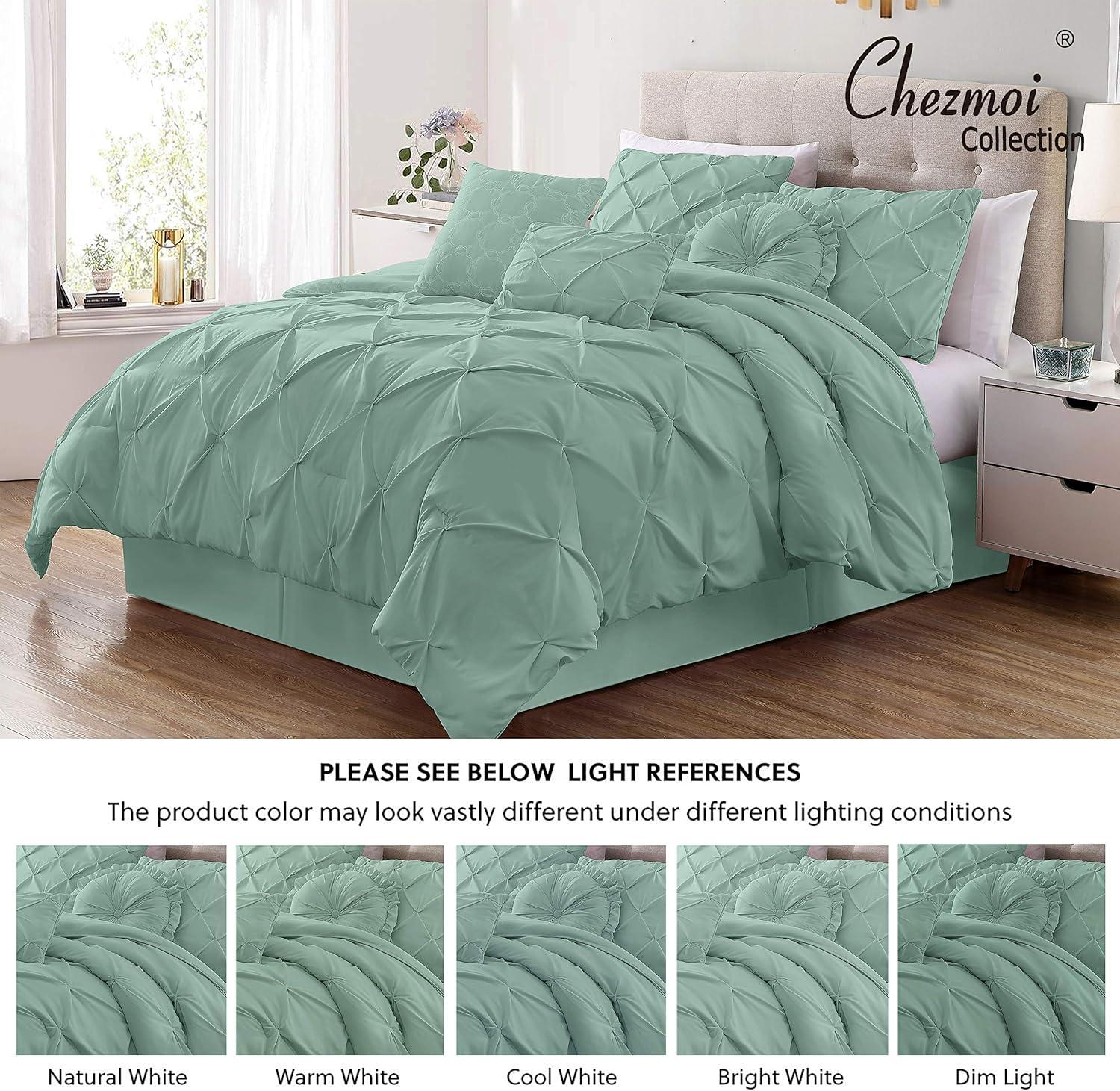 Chezmoi Collection Sydney 7-Piece Pintuck Comforter Set, Full, Seafoam Green