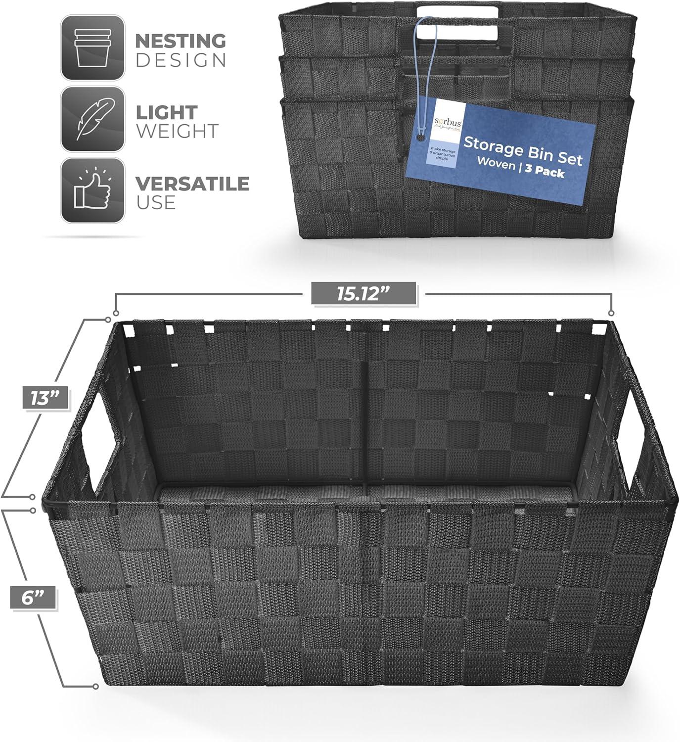 Sorbus 3-Pack Storage Basket Set - Mesh Hand-Woven, Stackable Baskets for Shelves, Closets, Bathroom and More