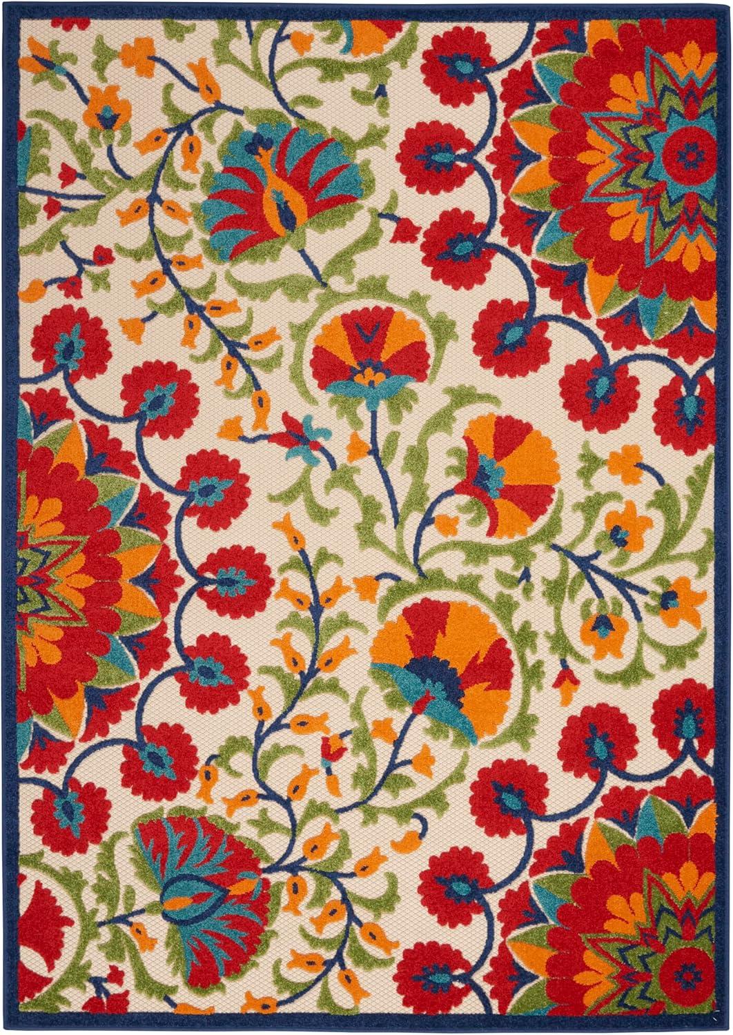 Nourison Aloha Floral Easy Care Flatweave High-Low Indoor Outdoor Area Rug Red/Multi 7' x 10'