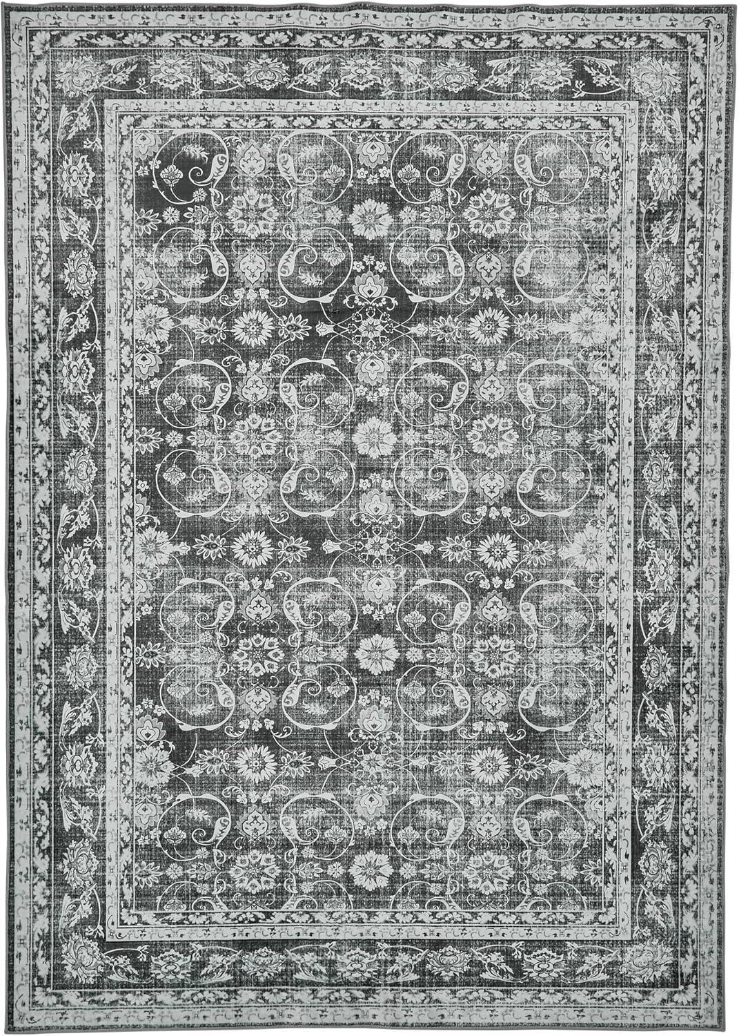 Gray and White Vintage Oriental Chenille Area Rug 5' x 7'