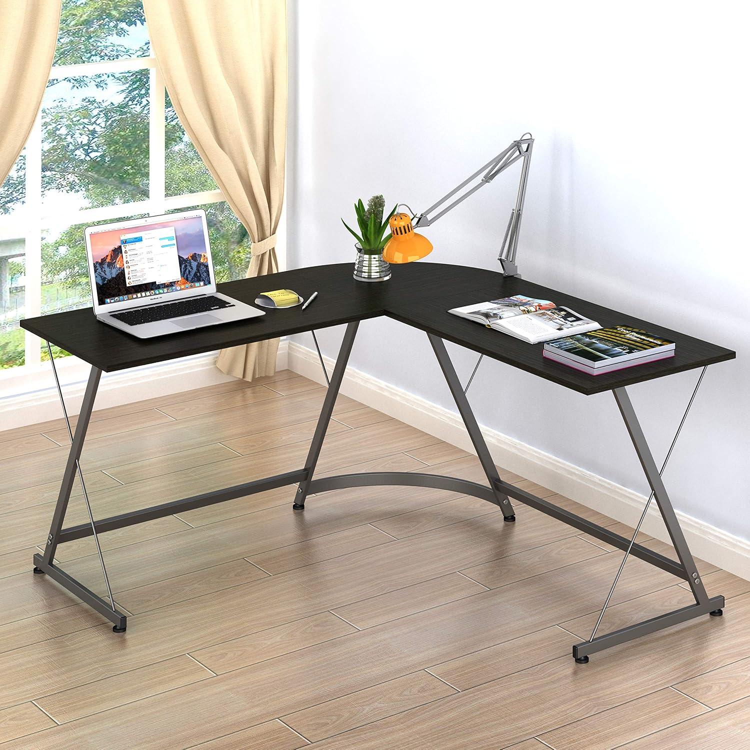 shw l-shaped home office corner adjustable desk wood top, espresso