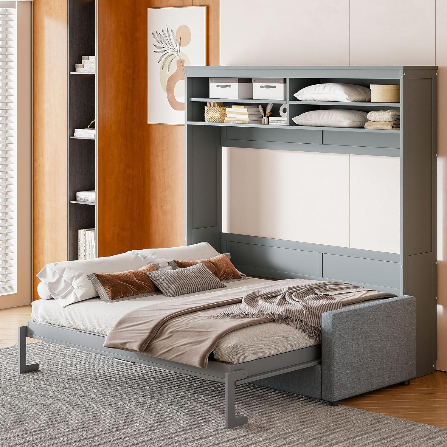 Harper & Bright Designs Queen Size Murphy Bed with Cushion and Storage Shelves, Wood Queen Platform Bed with Sofa, Wall Bed, Hidden Foldable Bed Frame for Home Office or Small Room,Gray