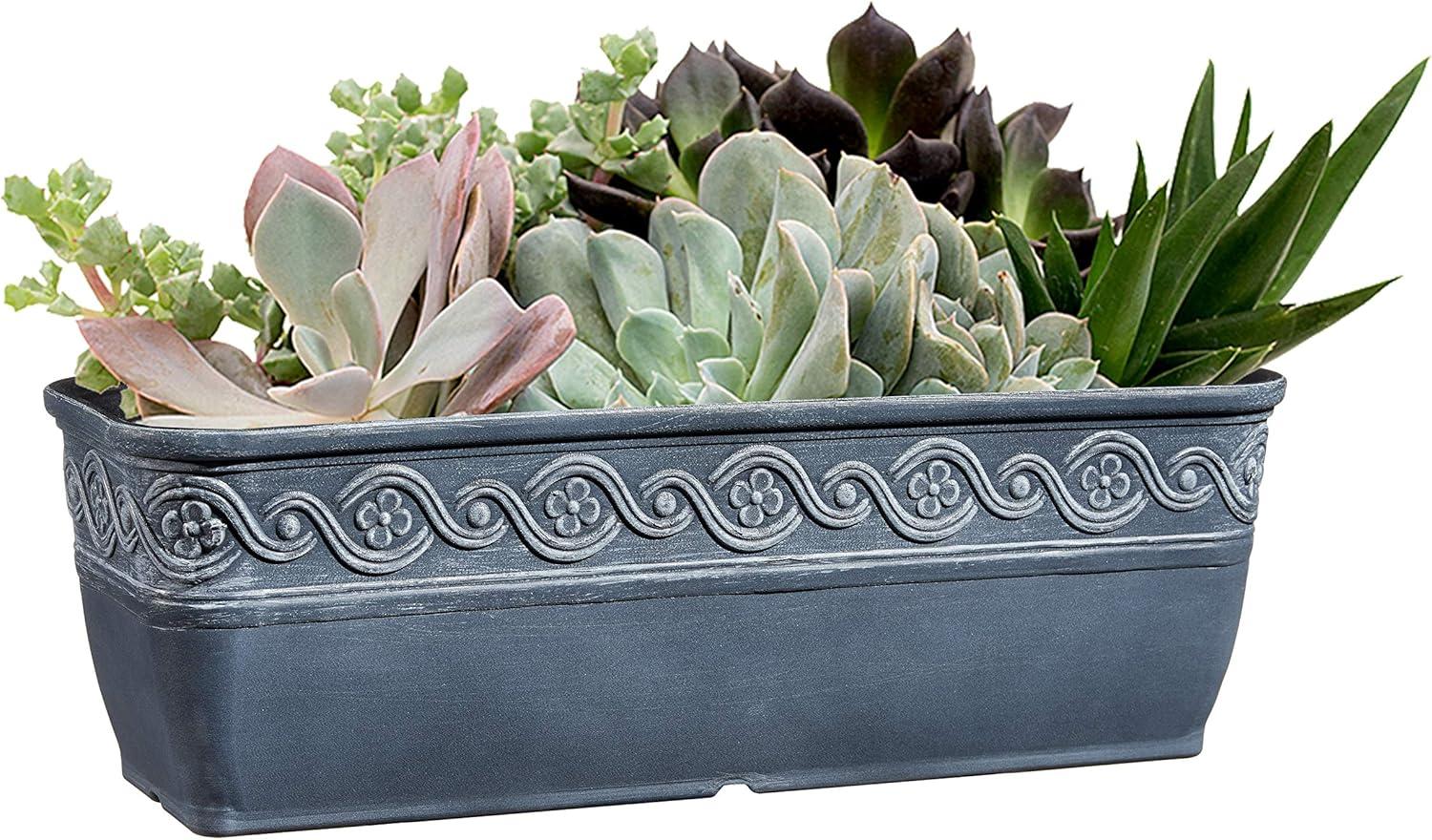 Classic Home and Garden Corinthian Rectangular Planter Box w/Drain Plug - Small Succulent Pots - Shallow Trough Planter for Indoor/Outdoor (10” Storm Gray, Pack of 3)