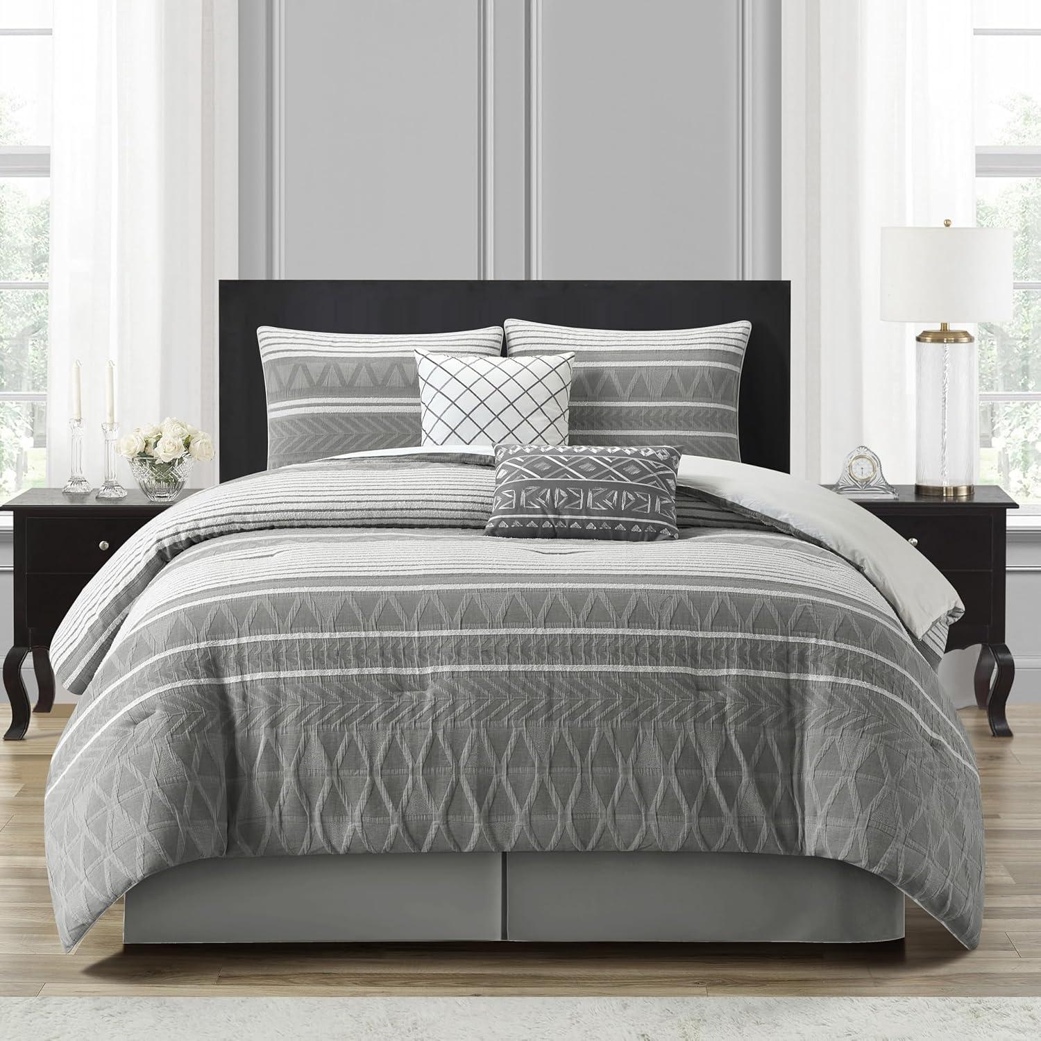Lanco 100% Cotton King Size Comforter Set, 6 Piece, Color Grey, Geometric Jacquard Bedding Set, Matching Bedskirt, Pillows & Shams