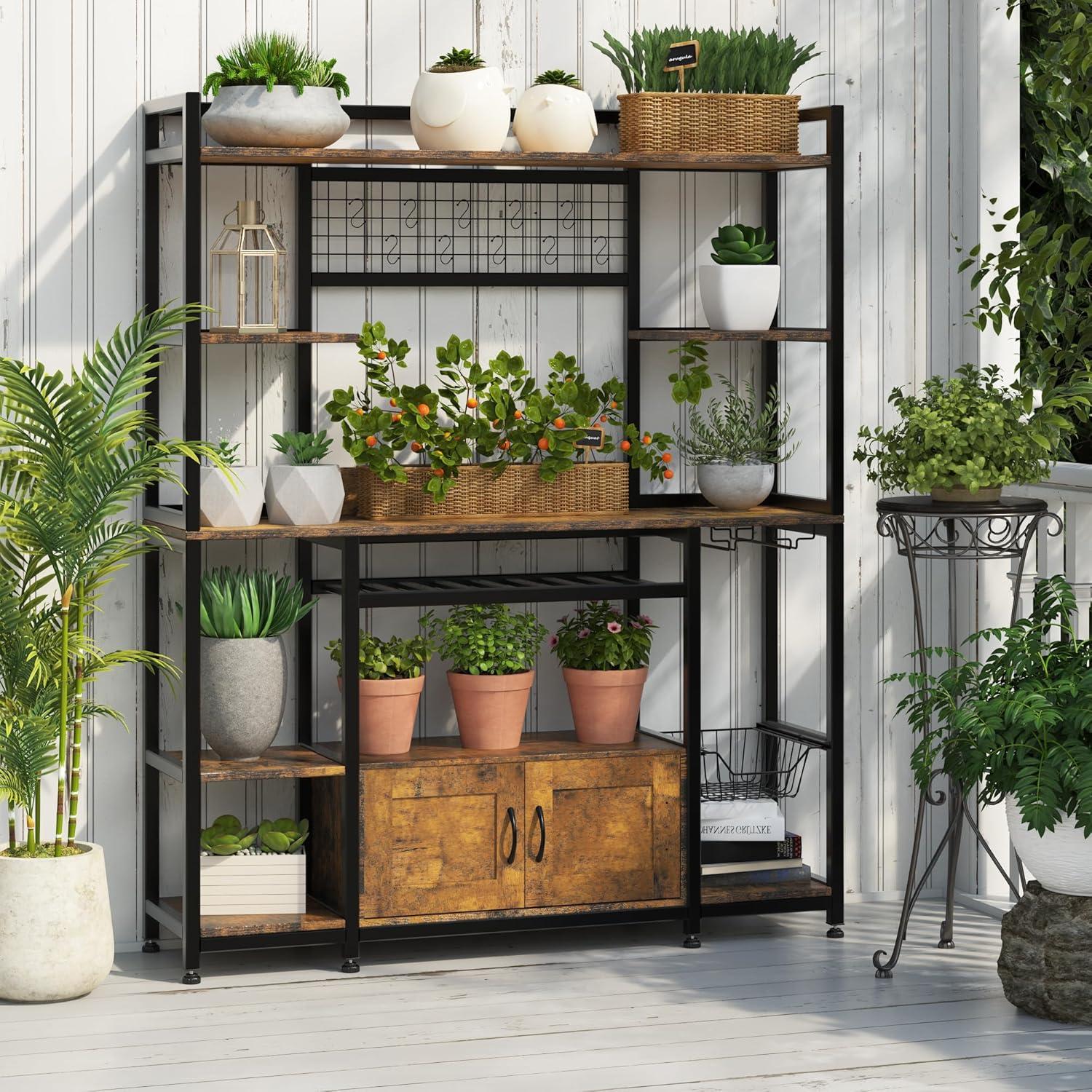 Ataucjin 55" 5-Tier Bakers Rack With Power Outlet And LED Light Kitchen Microwave Stand Farmhouse Coffee Bar Cabinet With Storage Shelf 10 Hooks Wire Basket Wine Rack For Spices Pots Pans
