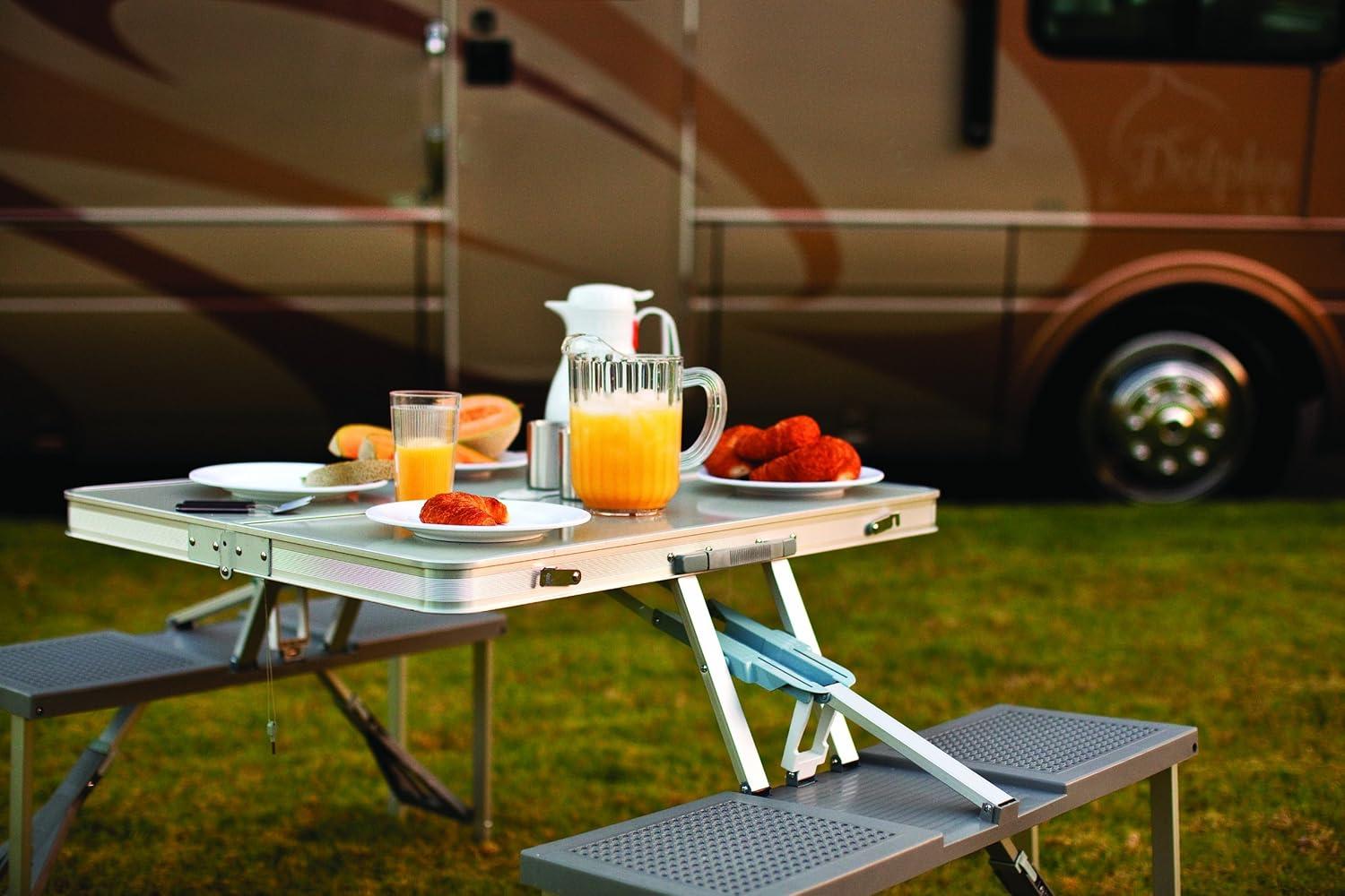 Silver Aluminum Folding Picnic Table with Seats and Umbrella Hole